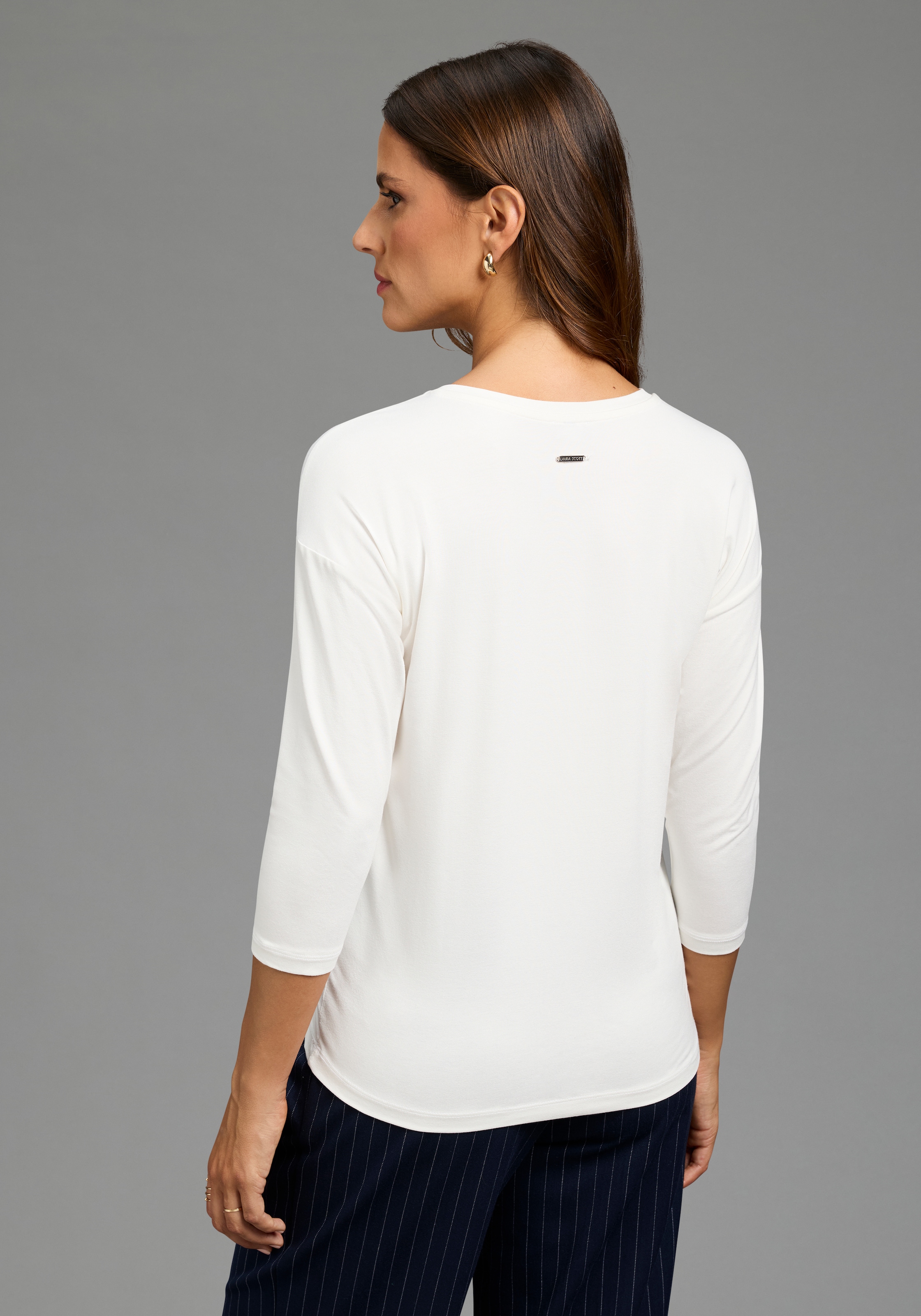Laura Scott 3/4-Arm-Shirt »mit floralem Frontprint« und figurumspielende Passform, Rundhalsausschnitt ohne Kragen