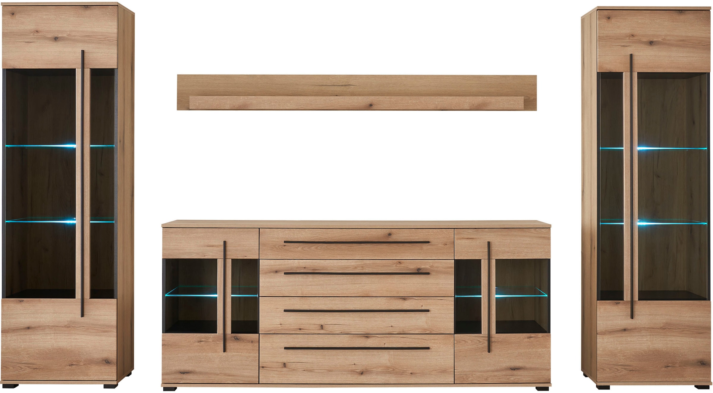 INOSIGN Wohnwand »Cantara, moderne Anbauwand, Wohnzimmer-Set, in Eiche Evoke oder Weiss«, (Set), enthält zwei Vitrinen, ein Sideboard und ein Wandboard