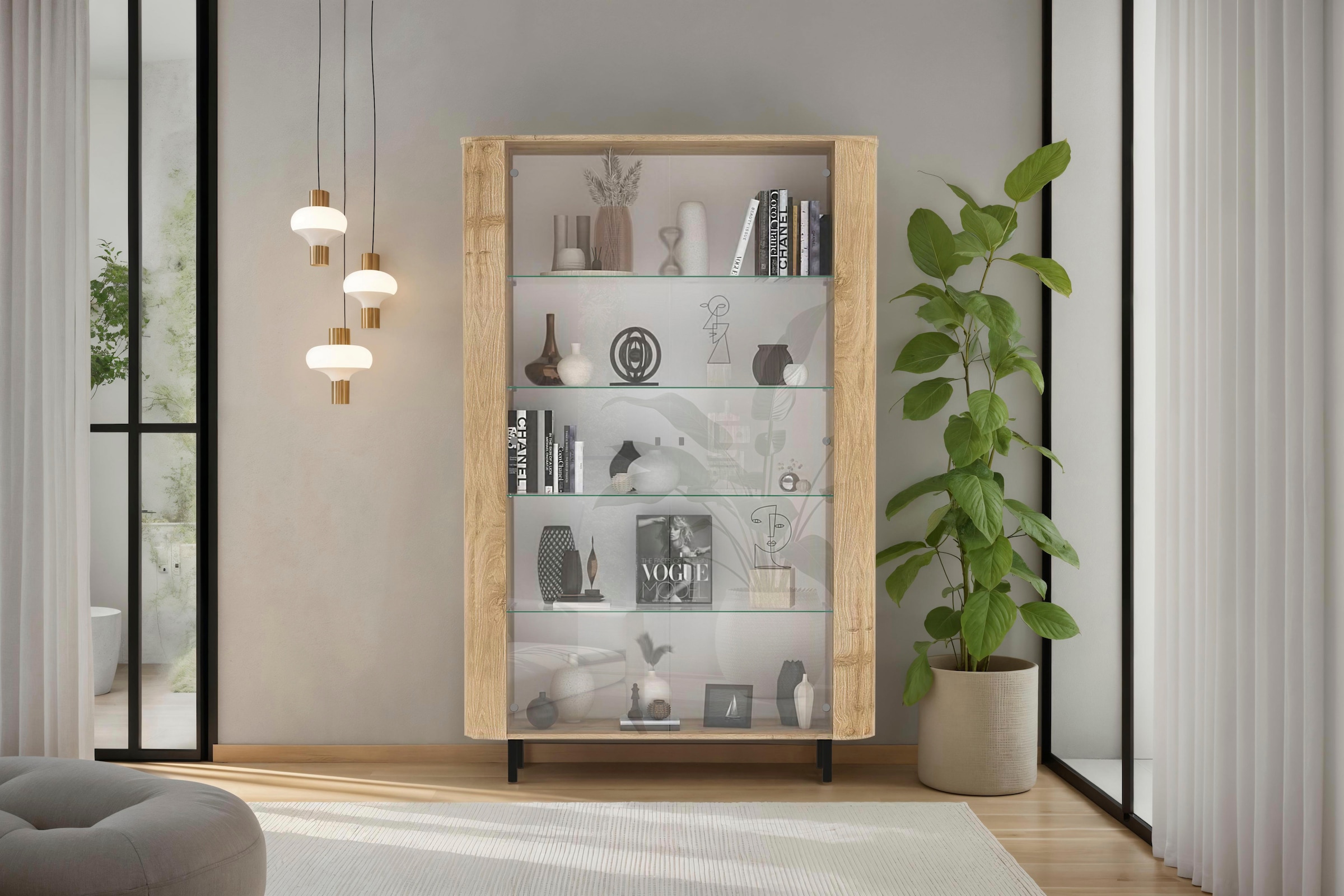 Home affaire Vitrine »Murano, Standvitrine H 200 cm, B 131 cm, 2 Türen, Vitrinenschrank« Formgebogenes MDF, Stirnseiten mit Rundung, Metallfüsse, stilvoll