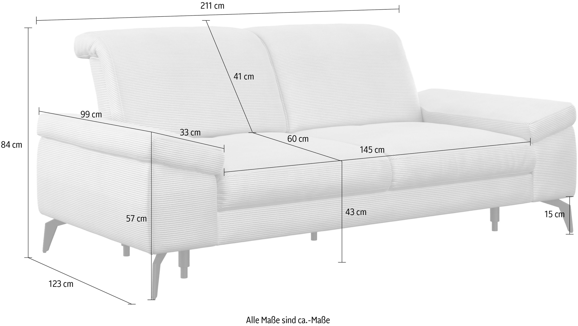 sit&more 2,5-Sitzer »Cabana«, Breite 211 cm, mit oder ohne Sitztiefen-, und Kopfteilfunktion