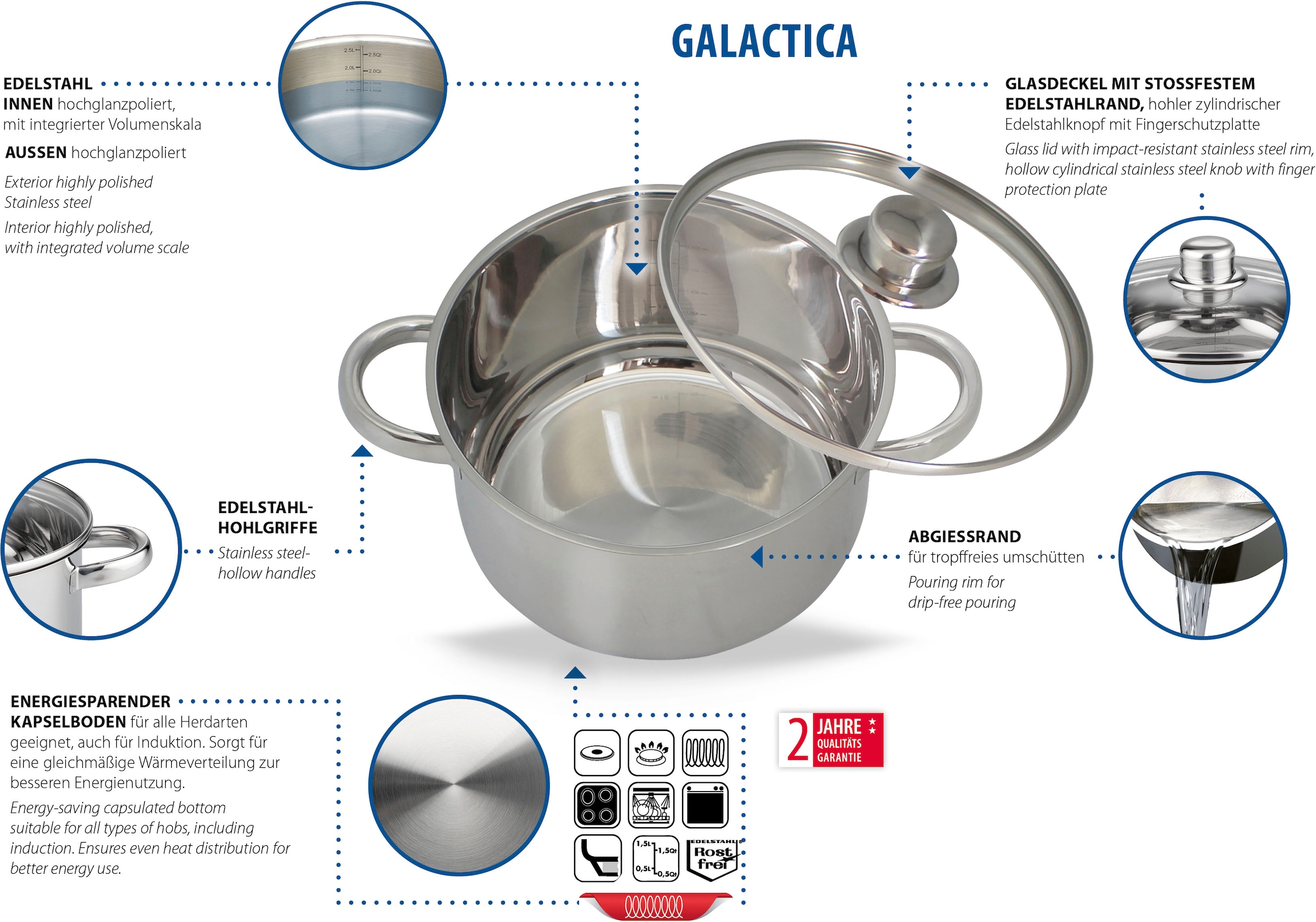 Elo Basic Topf-Set »Galactica« Set, je 1 x Kochtopf mit Deckel Ø 14/16/20/24 cm, 1 Stielkasserolle Ø 16 cm, 9 Stk. tlg. Edelstahl 201