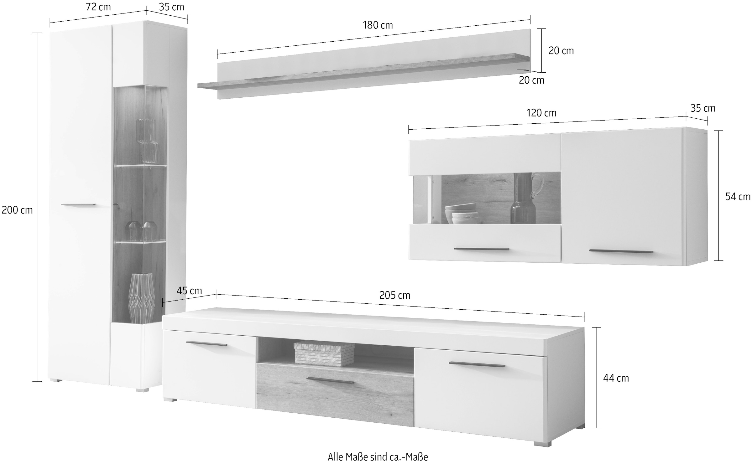 INOSIGN Wohnwand »Salerno, moderne Anbauwand, Wohnzimmer-Set, Weiss mit Eiche Evoke Dekor«, (Set, 4 St.), enthält Hängevitrine, Vitrine, Lowboard + Wandboard, Metallgriffe