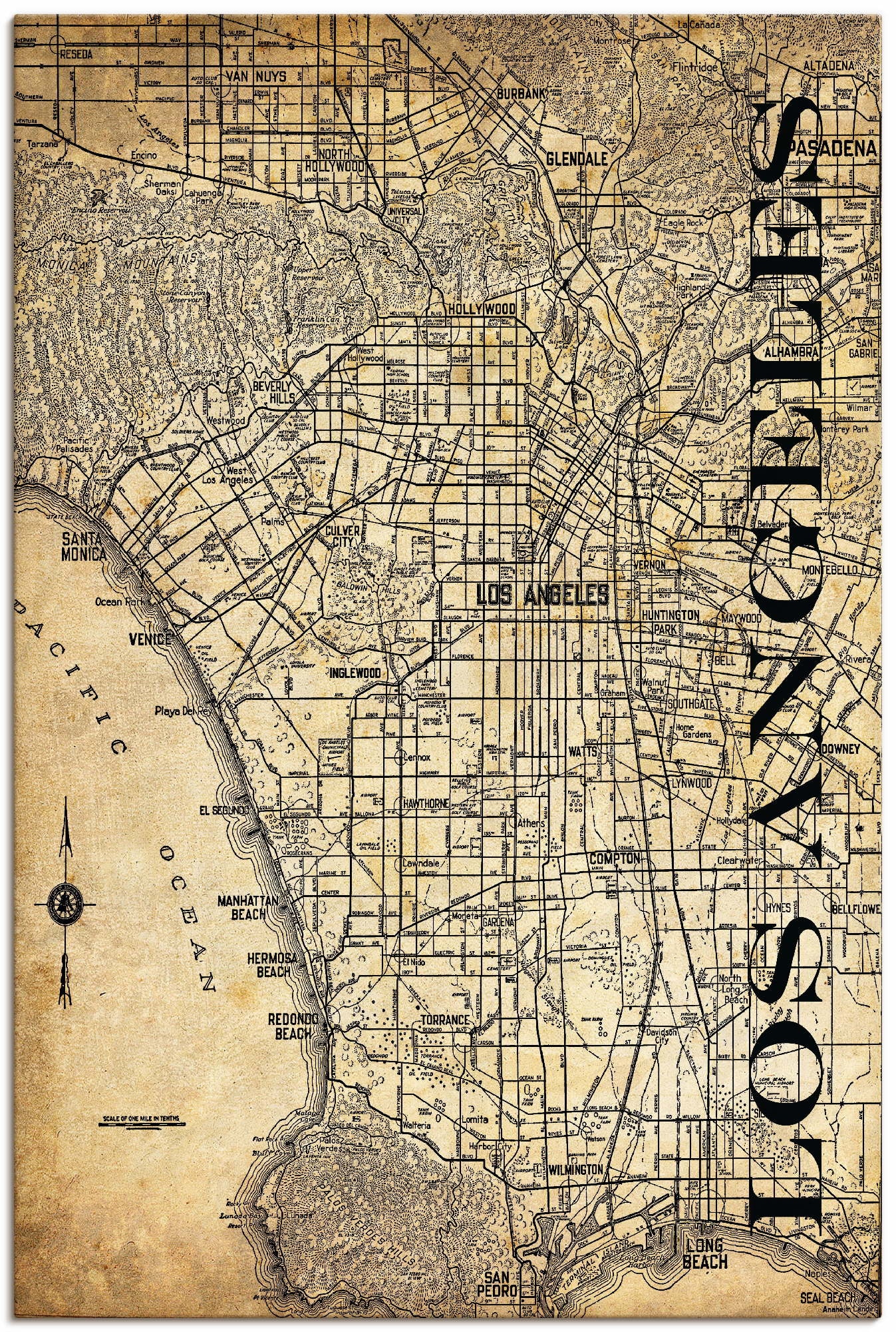 Artland Leinwandbild »Los Angeles Karte Strassen Karte Sepia«, Amerika, (1 St.), auf Keilrahmen gespannt