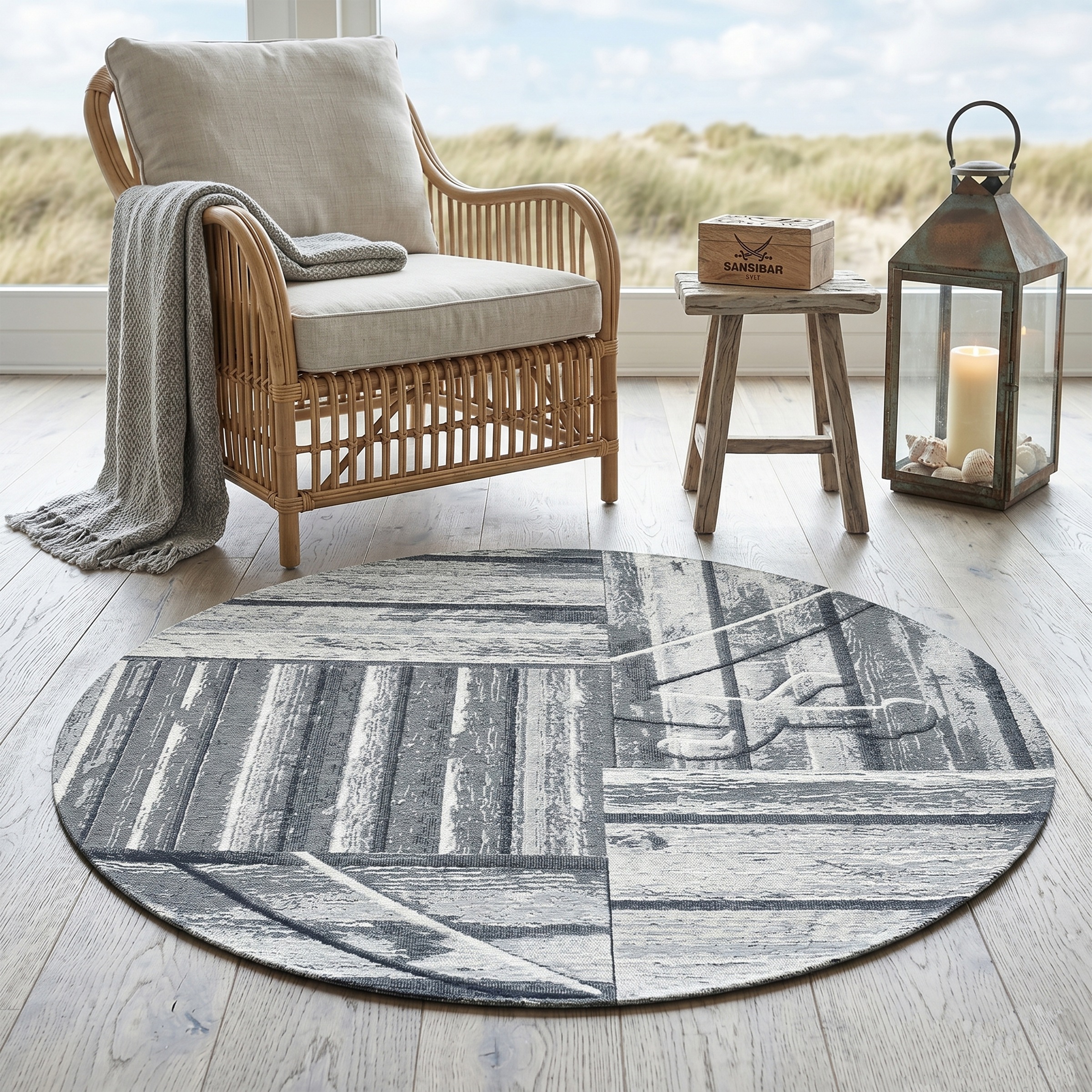 Image of Sansibar Teppich "Keitum 010" rund 3 mm Höhe Flachgewebe, modernes Holz Design, auch in rund