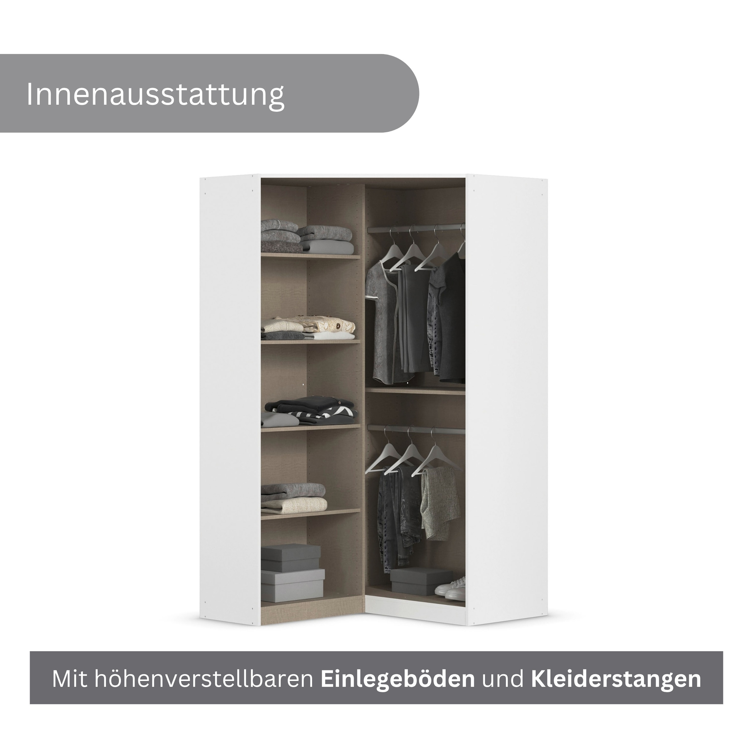 GOODproduct Eckkleiderschrank »Mehrzweckschrank Aktenschrank Möbel Mietswohnung Schlafzimmer YLVA« Schenkelmass: 85x72 cm, Höhe 197 cm,  skandinavischer Style mit Rahmenfront und Knopfgriff MADE IN GERMANY