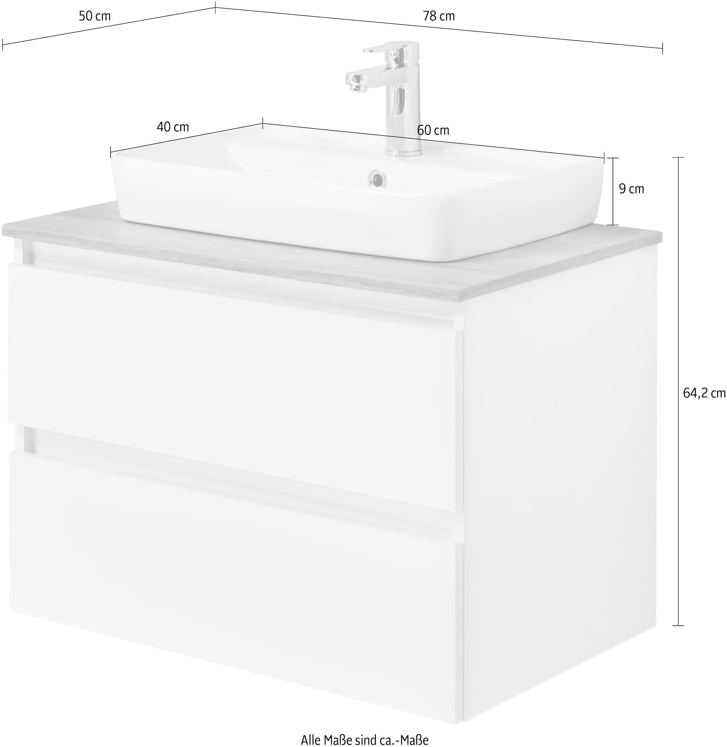 Saphir Waschtisch »Quickset 360 Waschplatz mit Keramik-Aufsatzbecken, wandhängend« Waschtischplatte, 78 cm breit, Weiss Glanz, 2 Schubladen