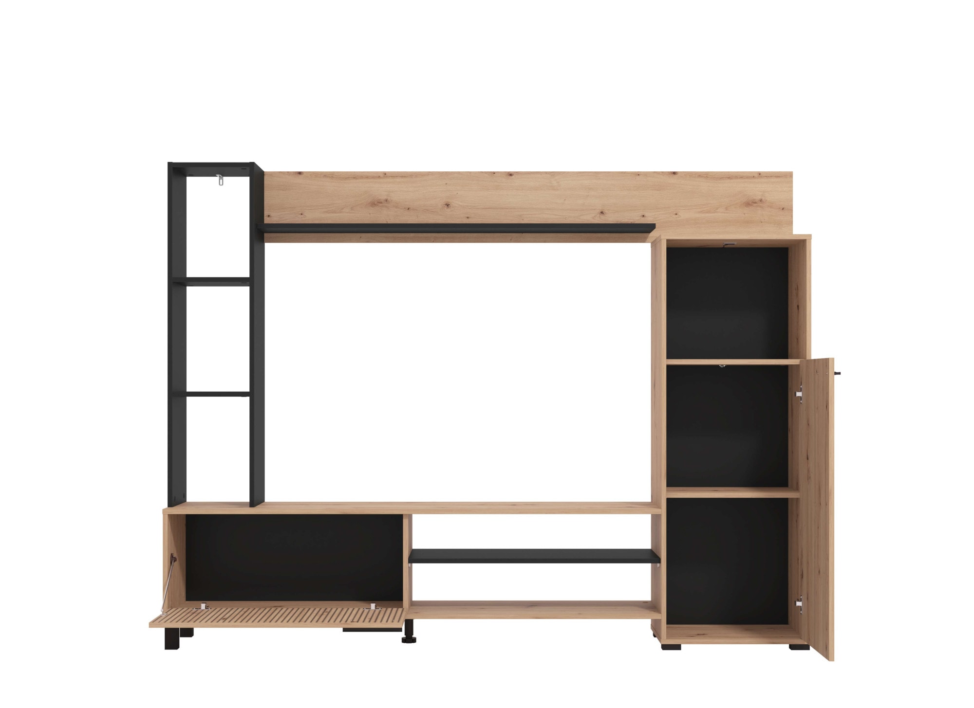 INOSIGN Wohnwand »Retimno, inkl. Highboard, TV-Board, Standregal und Wandregal«, (Komplett-Set, 4 St.), 208 cm, Trendfarben, mit dekorativen schwarzen Streifen, TV bis 58'