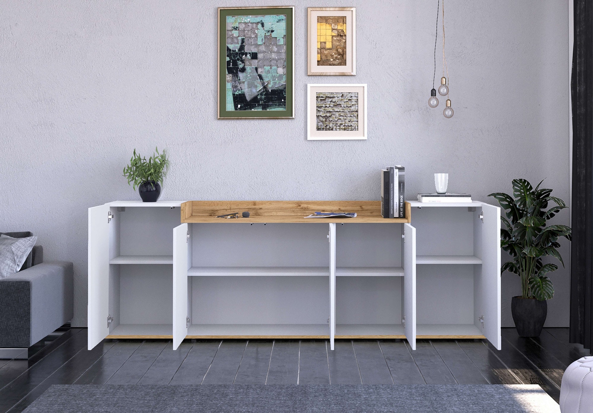 GOODproduct Sideboard »BOLSENA, Kommode, Schrank,Lowboard mit 8 Fächer und offenes Ablagefach« 1 Stk. tlg. Breite 200 cm,stehend/hängend,Fronten Hochglanz lackiert,Made in Italy
