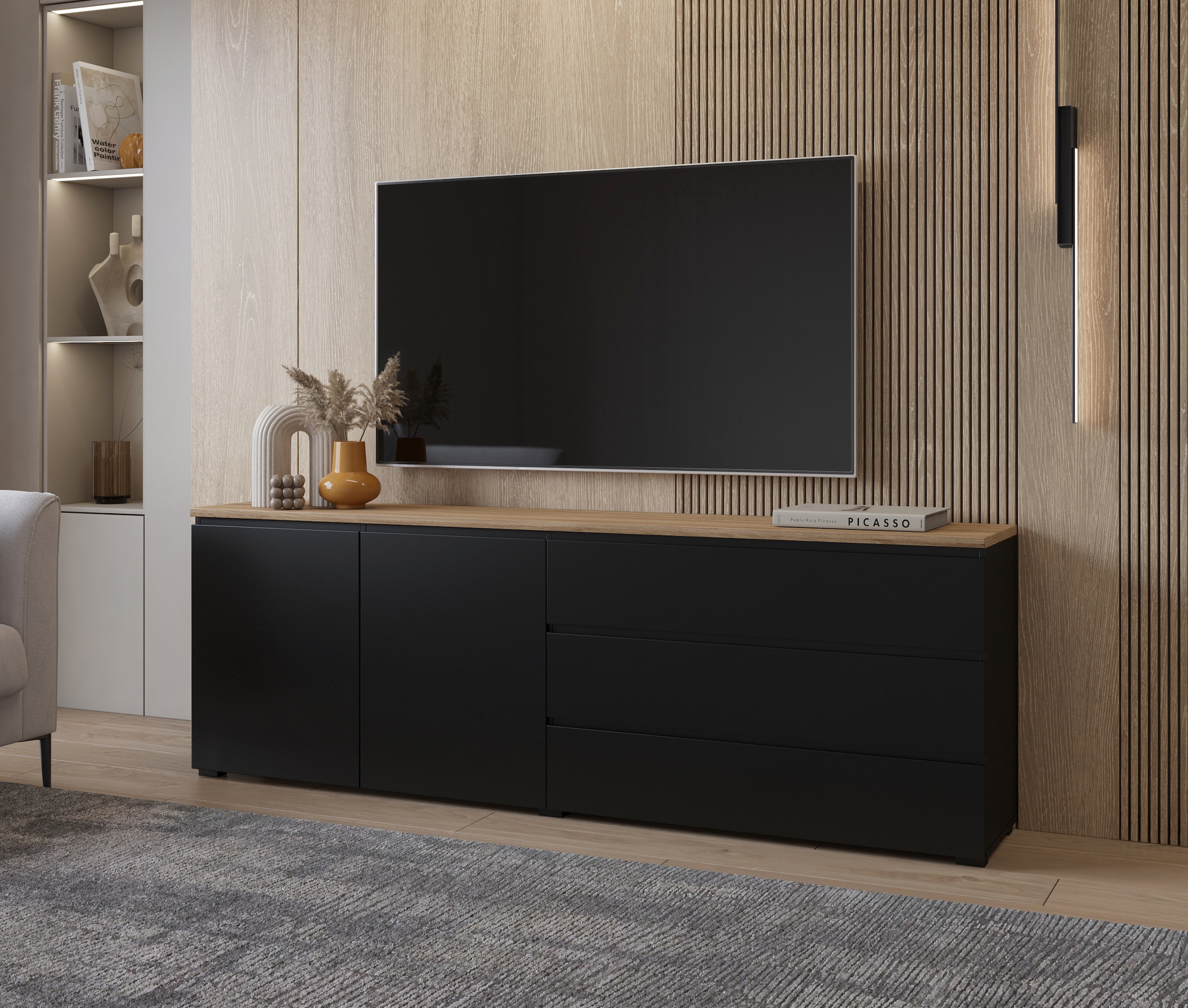 GOODproduct Sideboard »Modo, Breite 200 cm, moderne grifflose Kommode 2Türen/3 SK« Schubladenkommode mit viel Stauraum, Einlegeböden verstellbar