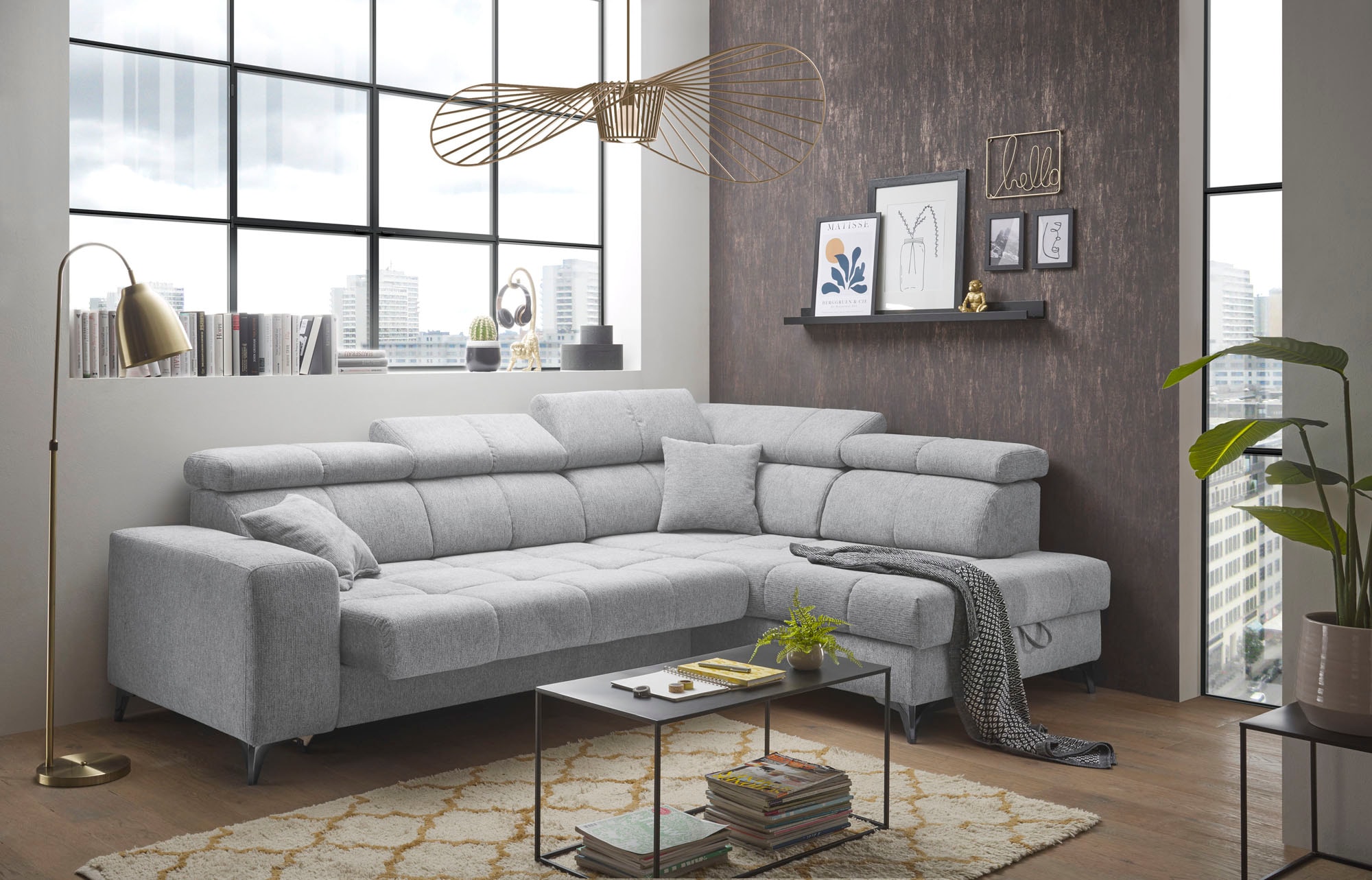 ED EXCITING DESIGN Ecksofa »Sydney L-Form« motorischer Sitztiefenverstellung, USB-Port & 2 Zierkissen