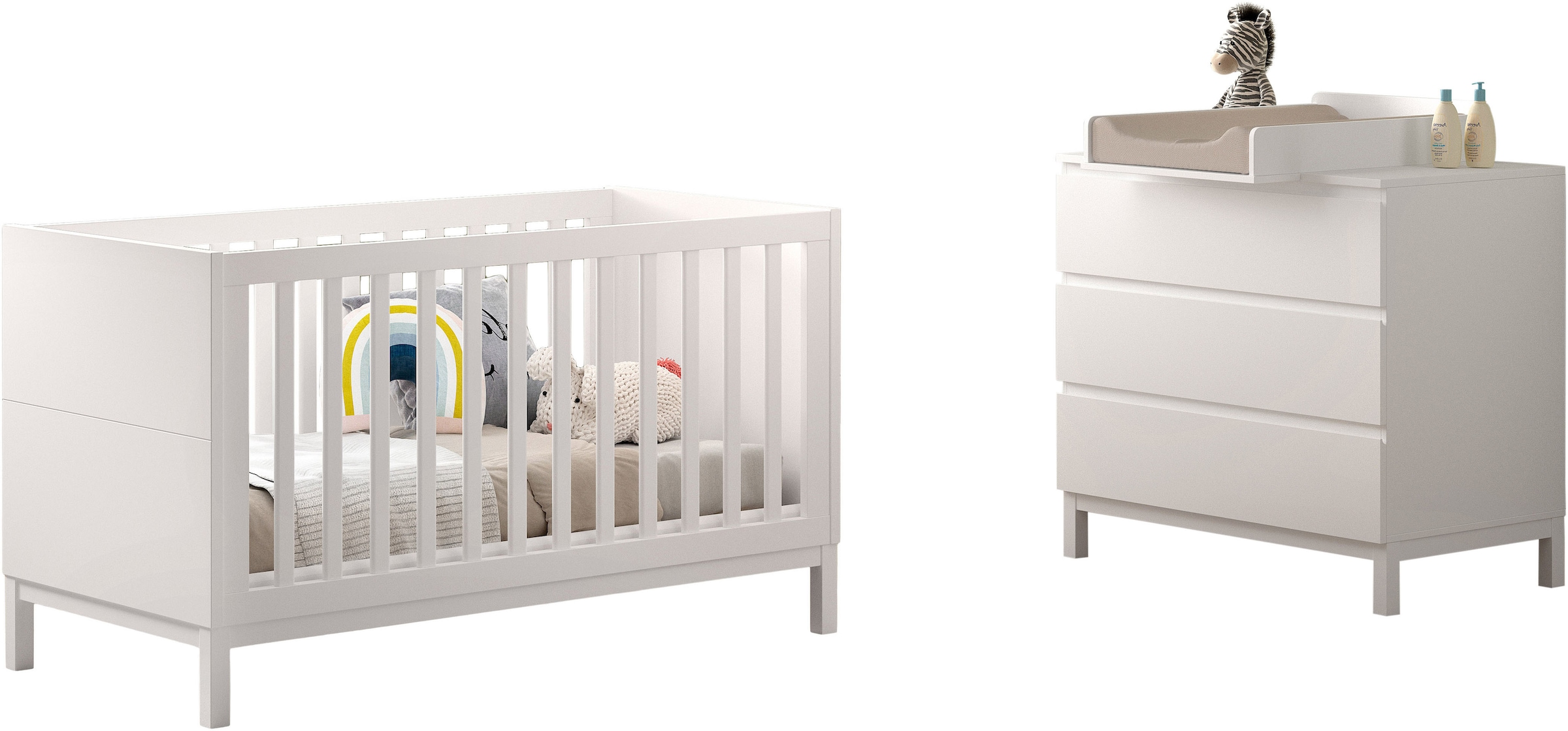 Image of Vipack Babymöbel-Set "Set best. aus Babybett 70/140, Kommode 3 Schubladen, Wickelaufsatz" 3 Stk. tlg. in gradlinigem Design, pflegeleichte lackierte Oberfläche in Weiss