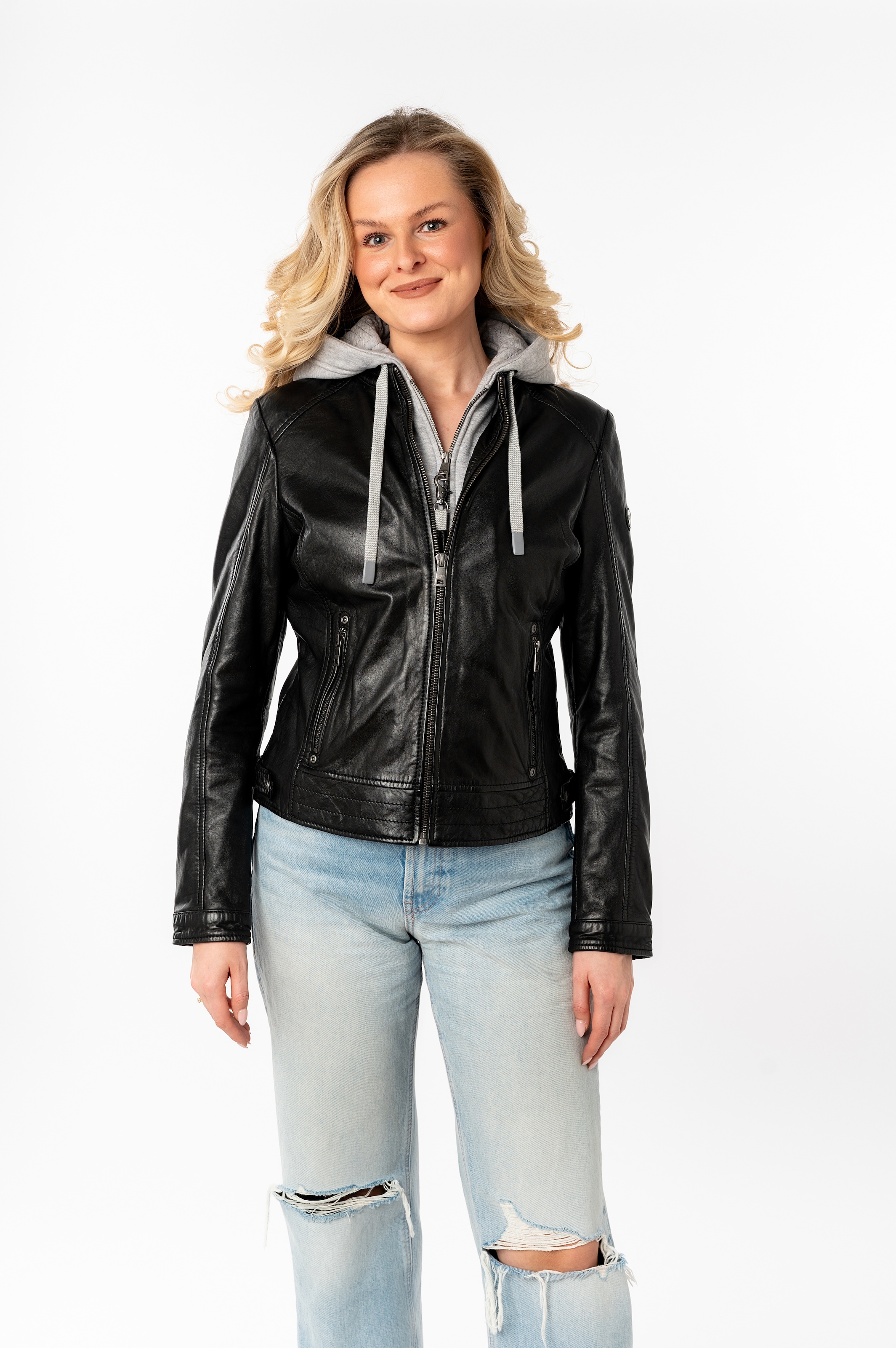Image of Mauritius Lederjacke "MWAleni" mit Kapuze mit Jerseykapuze und Stehkragen