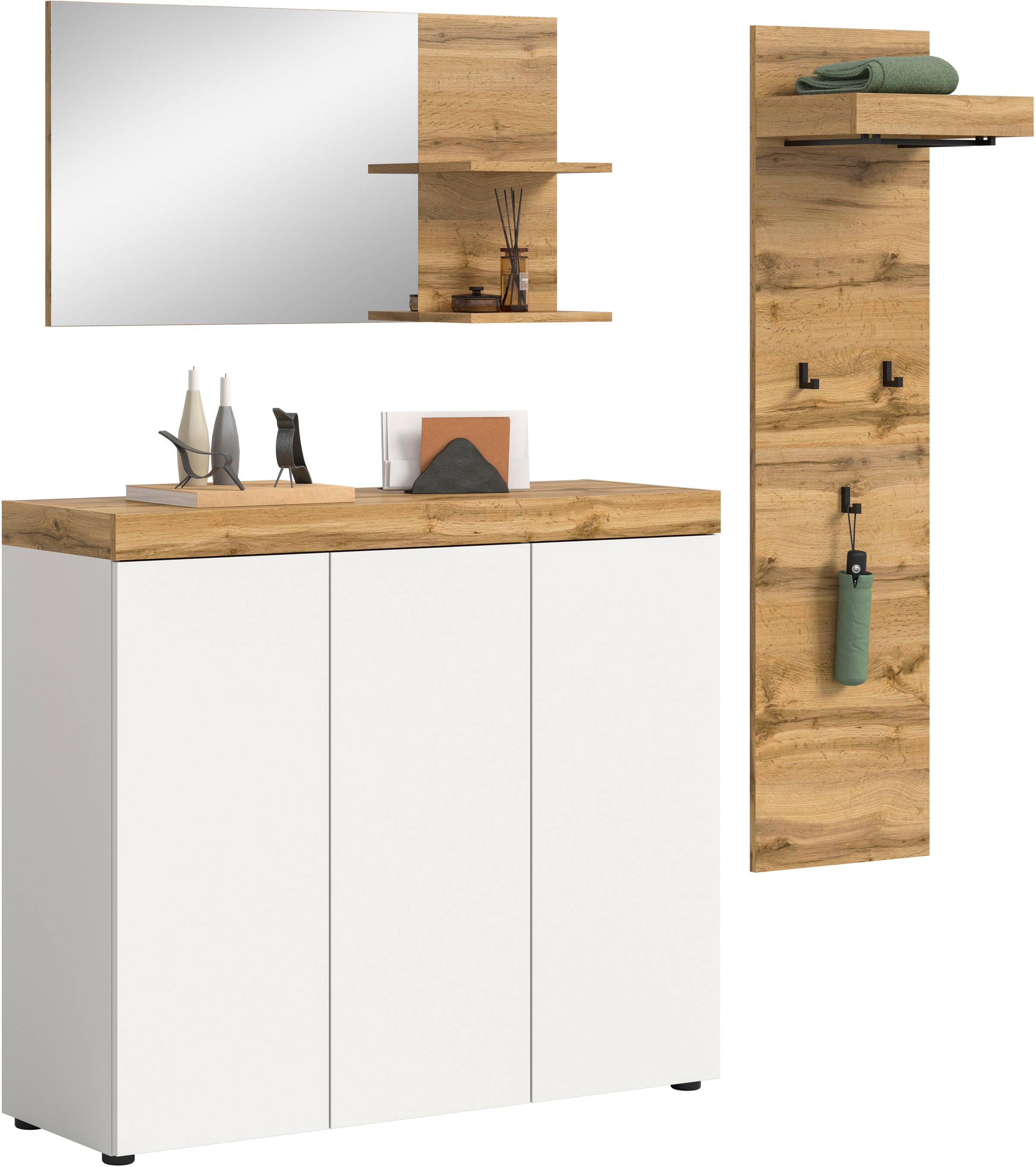Image of GOODproduct Garderoben-Set "MAMBO, 3-teilige Kombination, stehend & hängend montierbar" bestehend aus: Kommode, Spiegel, Garderobenpaneel, 3 Stk. tlg.