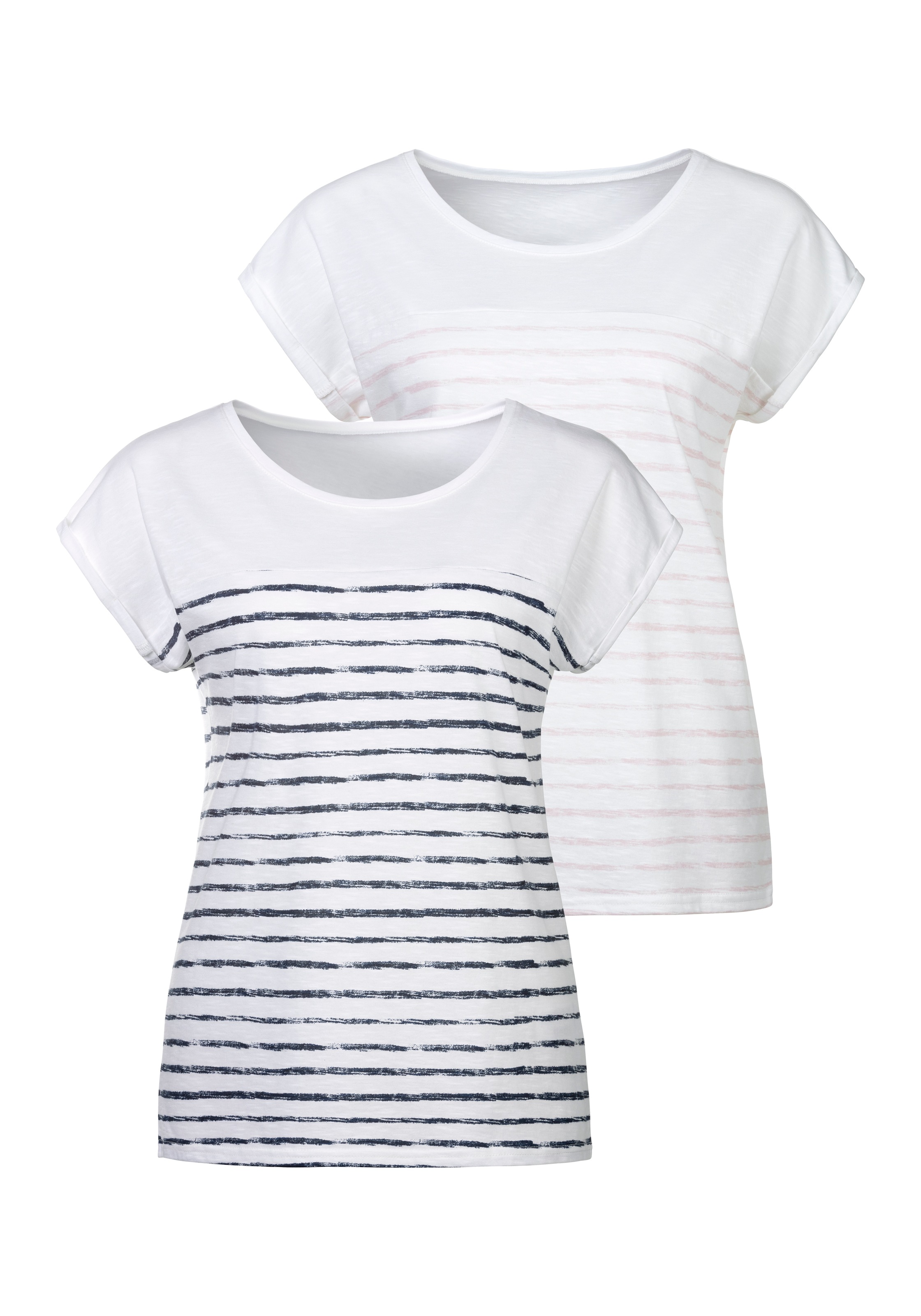 Image of Beachtime by Lascana T-Shirt "mit Streifen" 2er-Pack, Sommershirts aus reiner Baumwolle mit Slub-Effekt