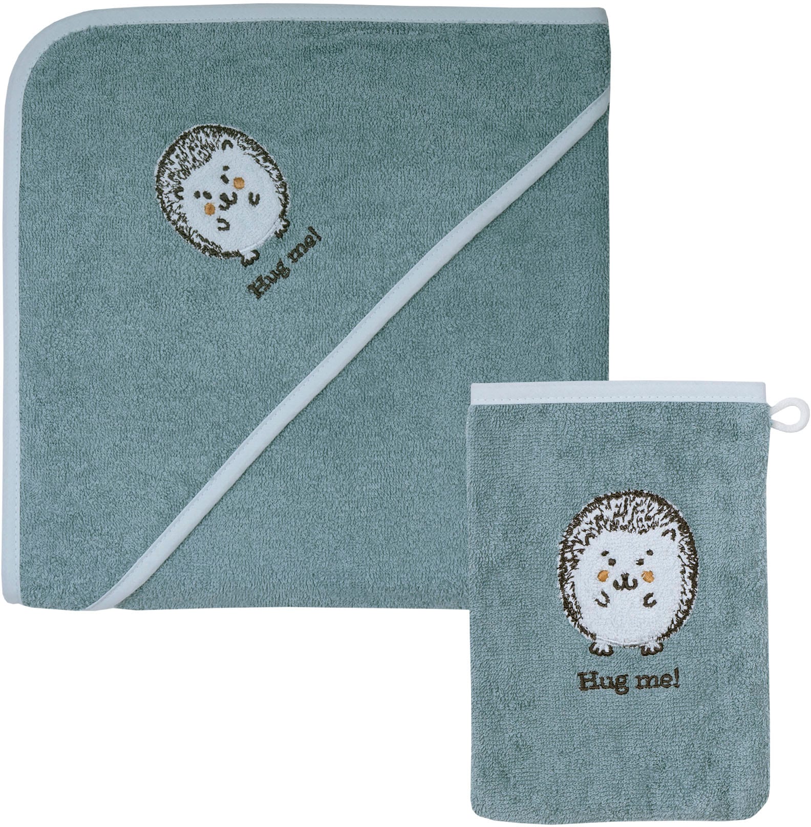 Image of Wörner Handtuch Set "Igel blau Kapuzenbadetuch 100/100 mit Waschhandschuh" mi süsser Igelstickerei
