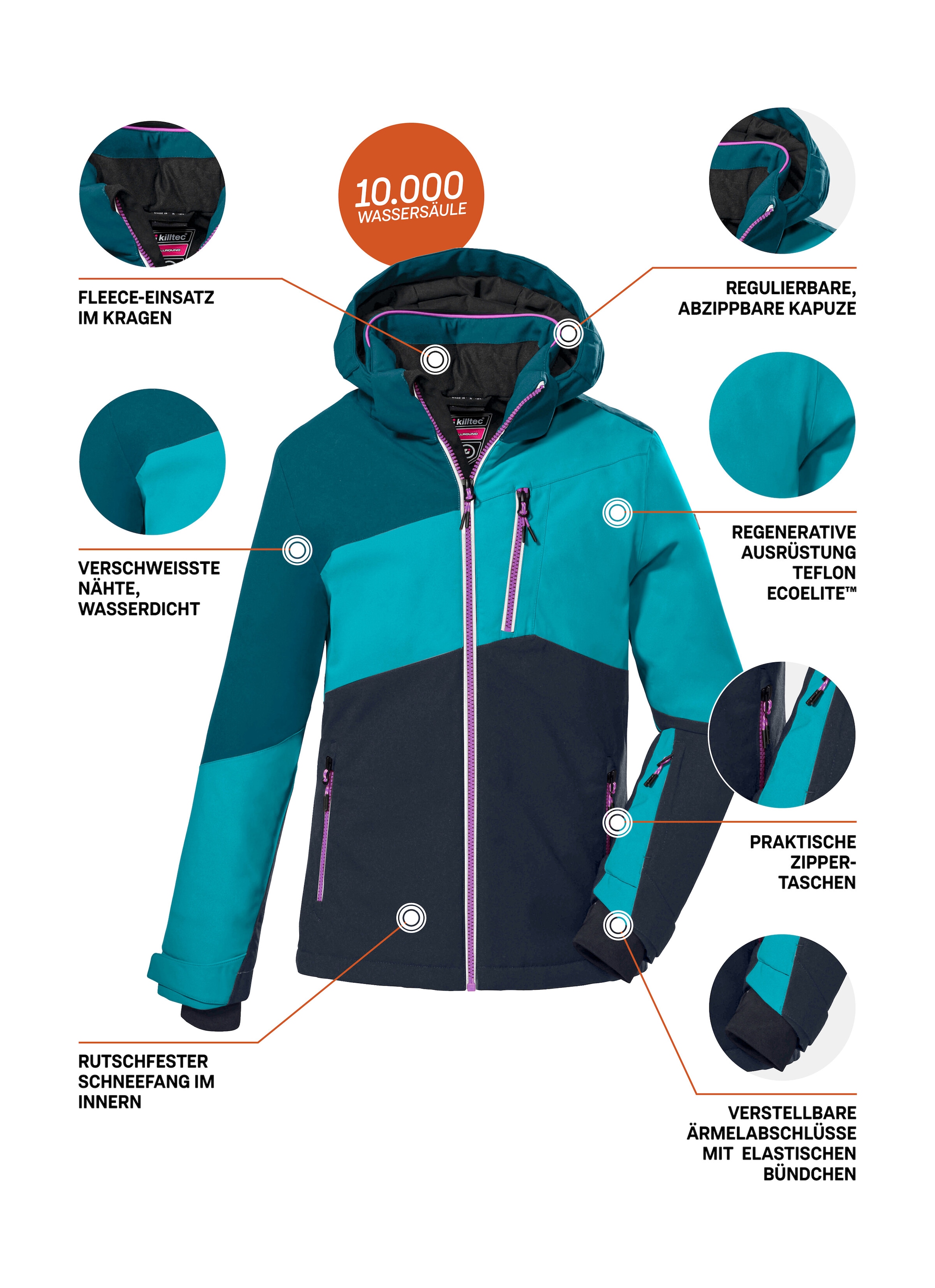 Killtec Veste de ski »KSW 166 GRLS SKI JCKT« veste de ski respirante, étanche à l'eau et au vent avec capuche amovible