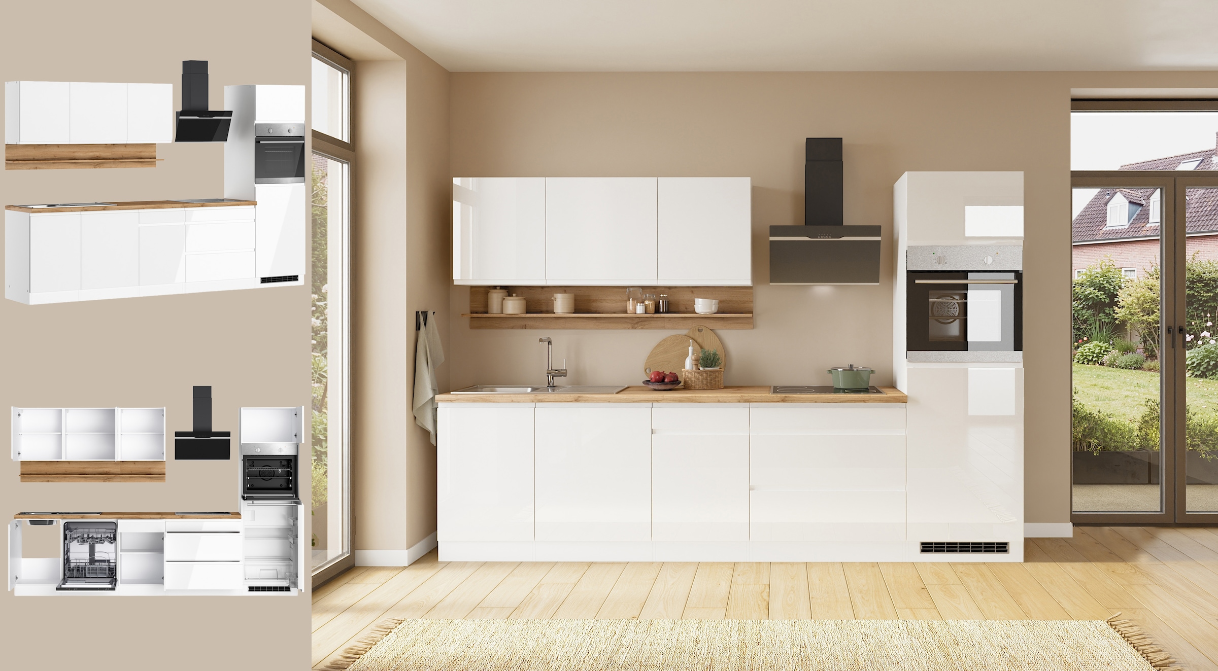 KOCHSTATION Küchenzeile »KS-Virginia,neu in verbesserter Ausführung« Arbeitsplatte 38 mm stark, Stauraum, Softclose,  Breite 300 cm, Soft-Close, wahlweise mit E-Geräten