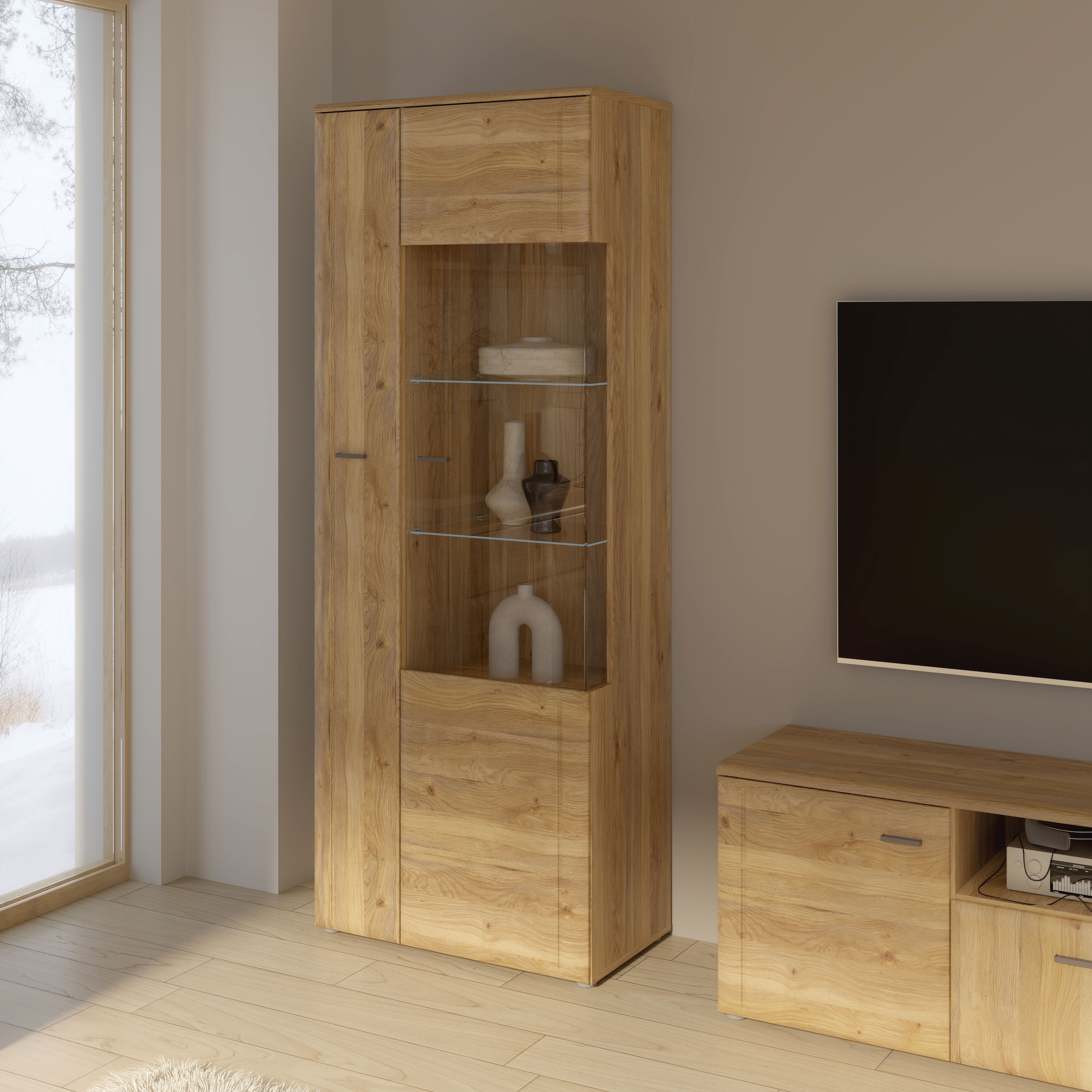 FORTE Vitrine »Akinori« B/H/T 75,1/197,6/41,8 cm,  Highboardvitrine, Glastüre , Soft Close, MDF Front, Metallgriffe