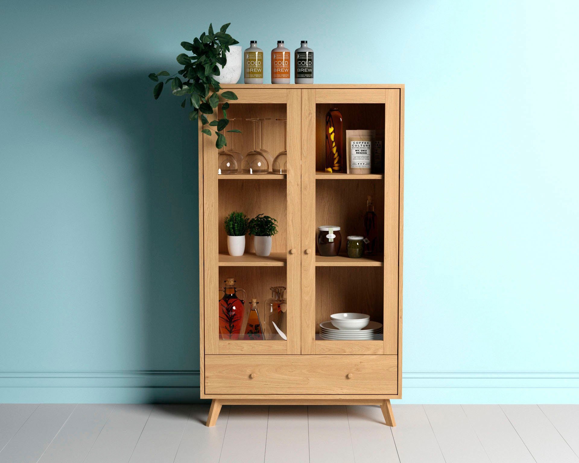 Image of Woodman Glasvitrine "Kensal" im schlichten skandinavischen Design, Holzfurnier aus Eiche, FSC