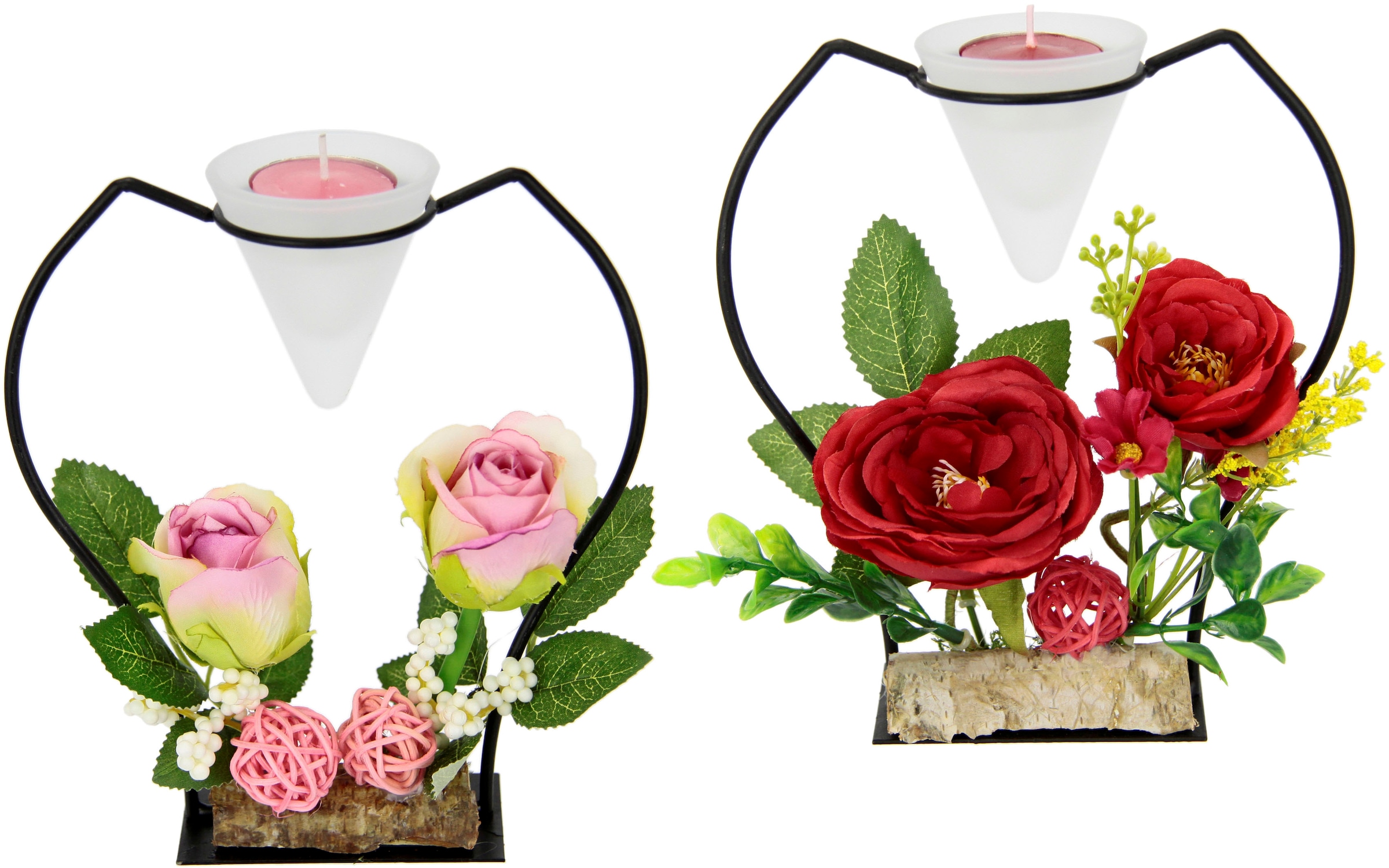 Teelichthalter »Rose«, (Set, 2 St.), Glas, Metall, Kunststoff, rot/rosa