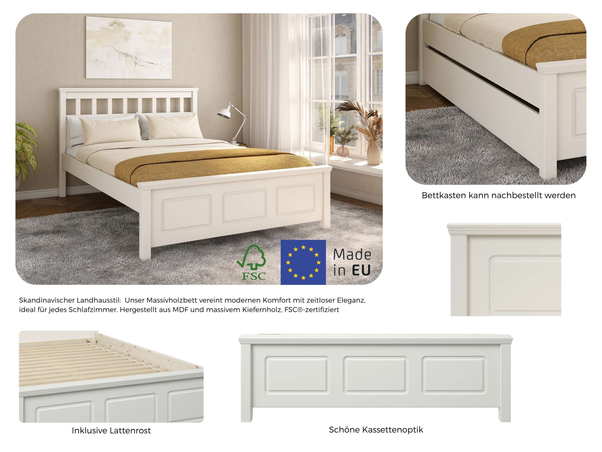 GOODproduct Lit »Tillian, Bettgestell, Doppelbett, Bettkasten optional, Made in EU« ,  aus massiver Kiefer in Kombination mit MDF, FSC®, inklusive Lattnerost