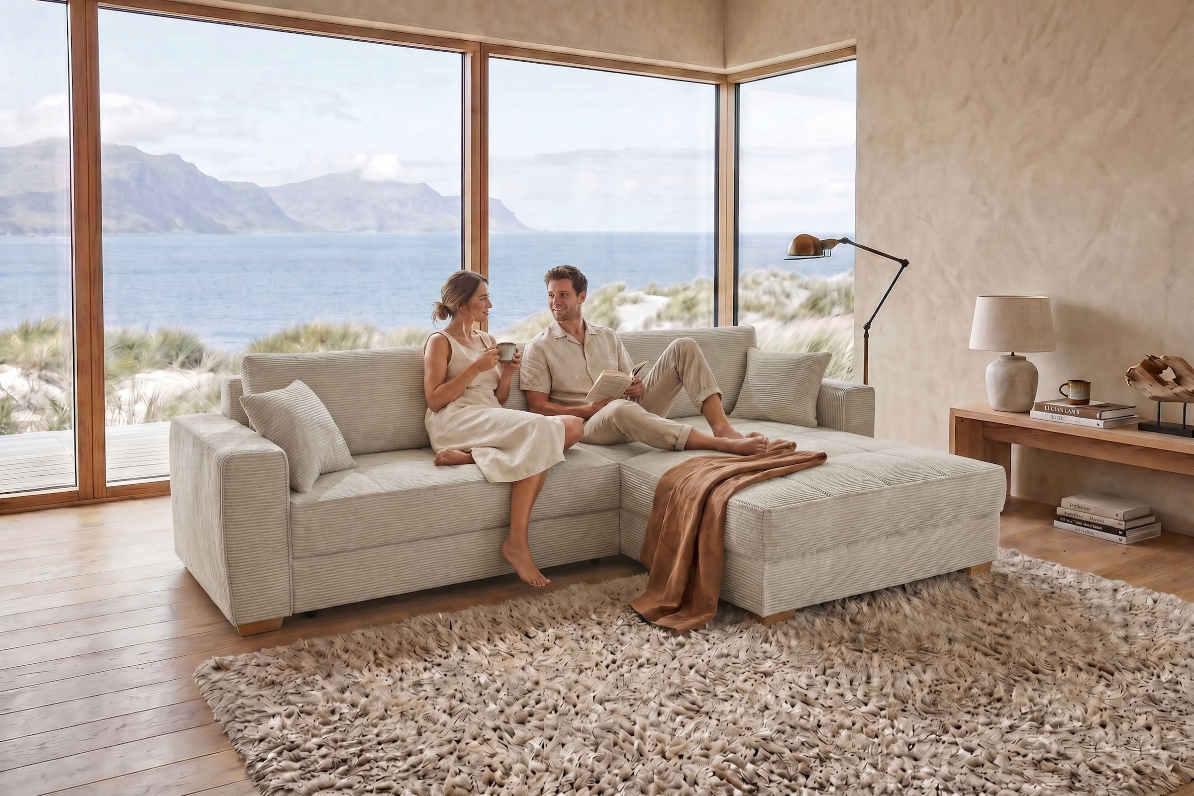 Image of Jockenhöfer Gruppe Ecksofa "Bologna, L-Form, Breite: 298 cm, Cord-Bezug, beidseitig montierbar" mit Schlaffunktion, Bettkasten & Zierkissen, XXL-Ottomane