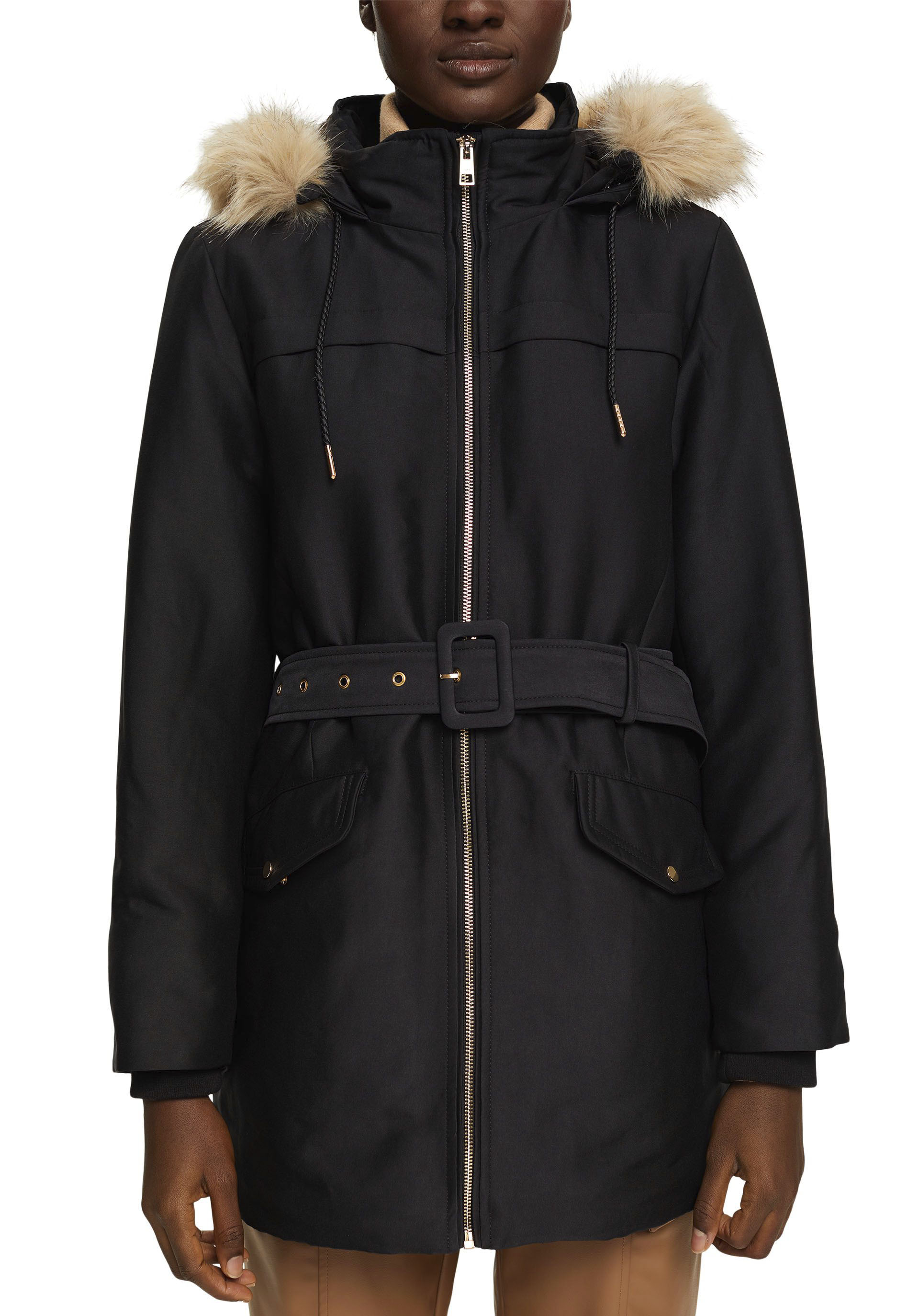 Parka, (mit abnehmbarem Gürtel), mit Kapuze, mit abnehmbarem Fellimitat an der Kapuze