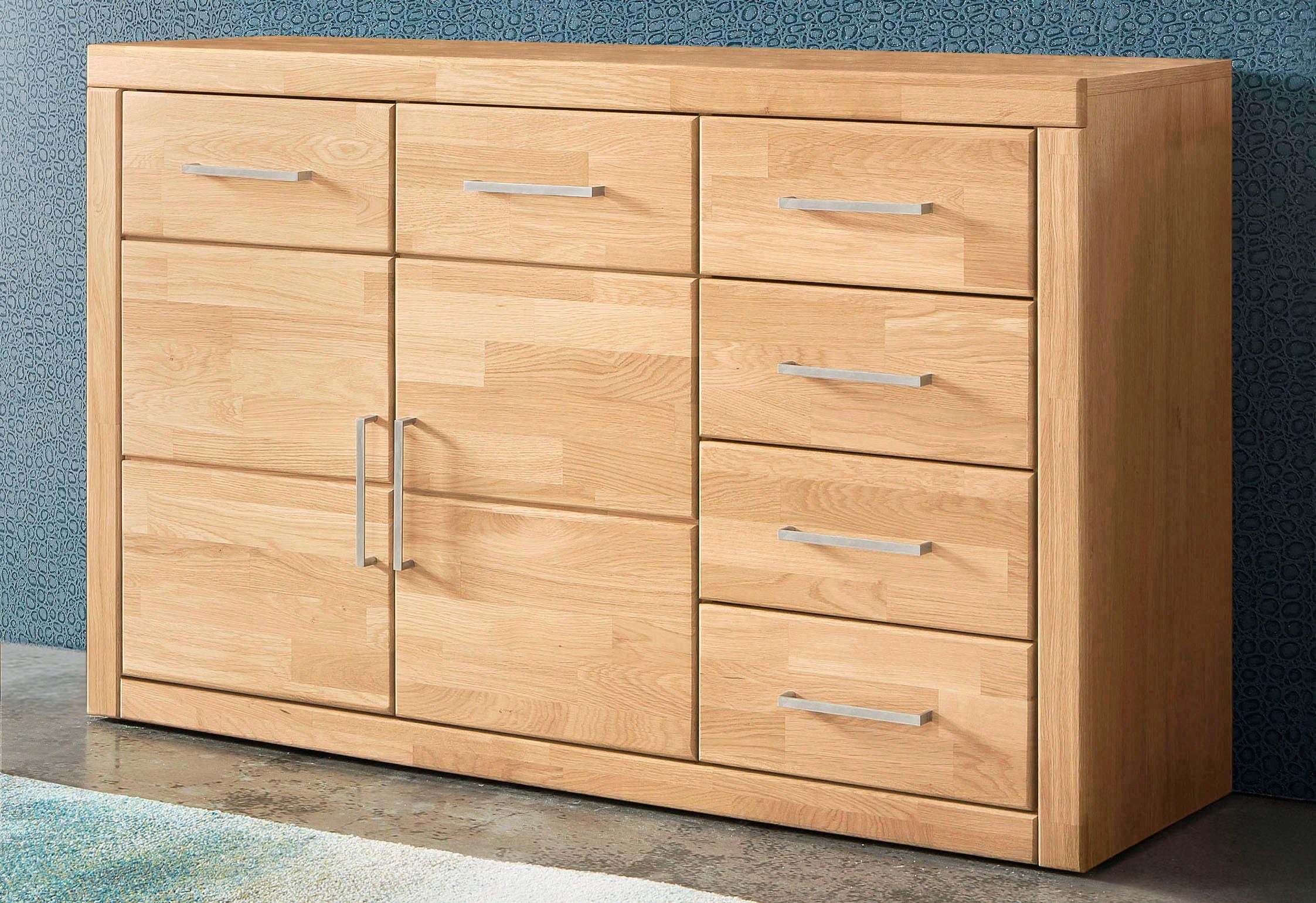 Image of GOODproduct Sideboard "Trondheim,130cm breit,42 cm tief, Fronten Holzmassiv, Metallgriffe" Korpus aus Holzwerkstoff,2 Türen, 2 breite Fächer,5 Schubladen