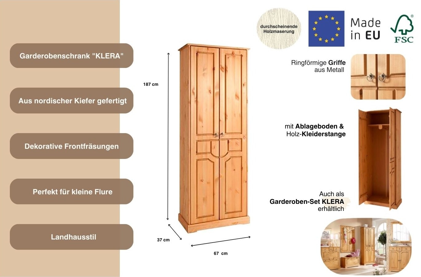 Home affaire Garderobenschrank »Klera«, Breite 67 cm, aus massiver Kiefer, FSC®-zertifiziert