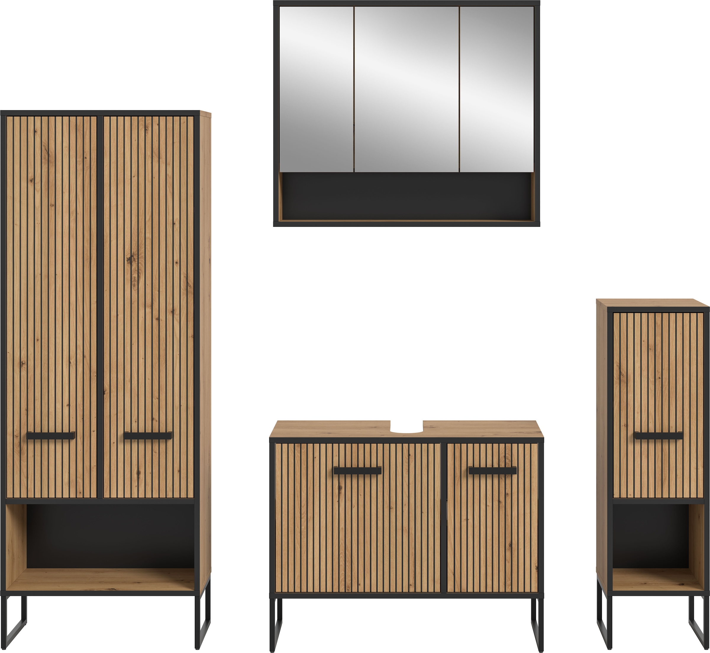 welltime Badmöbel-Set »LOCRI, 4-tlg. Badkombination, Breite 199 cm, Rillenoptik, Metallkufen« bestehend aus: Hochschrank, WBU, Spiegelschrank & Standschrank, 4 Stk. tlg.