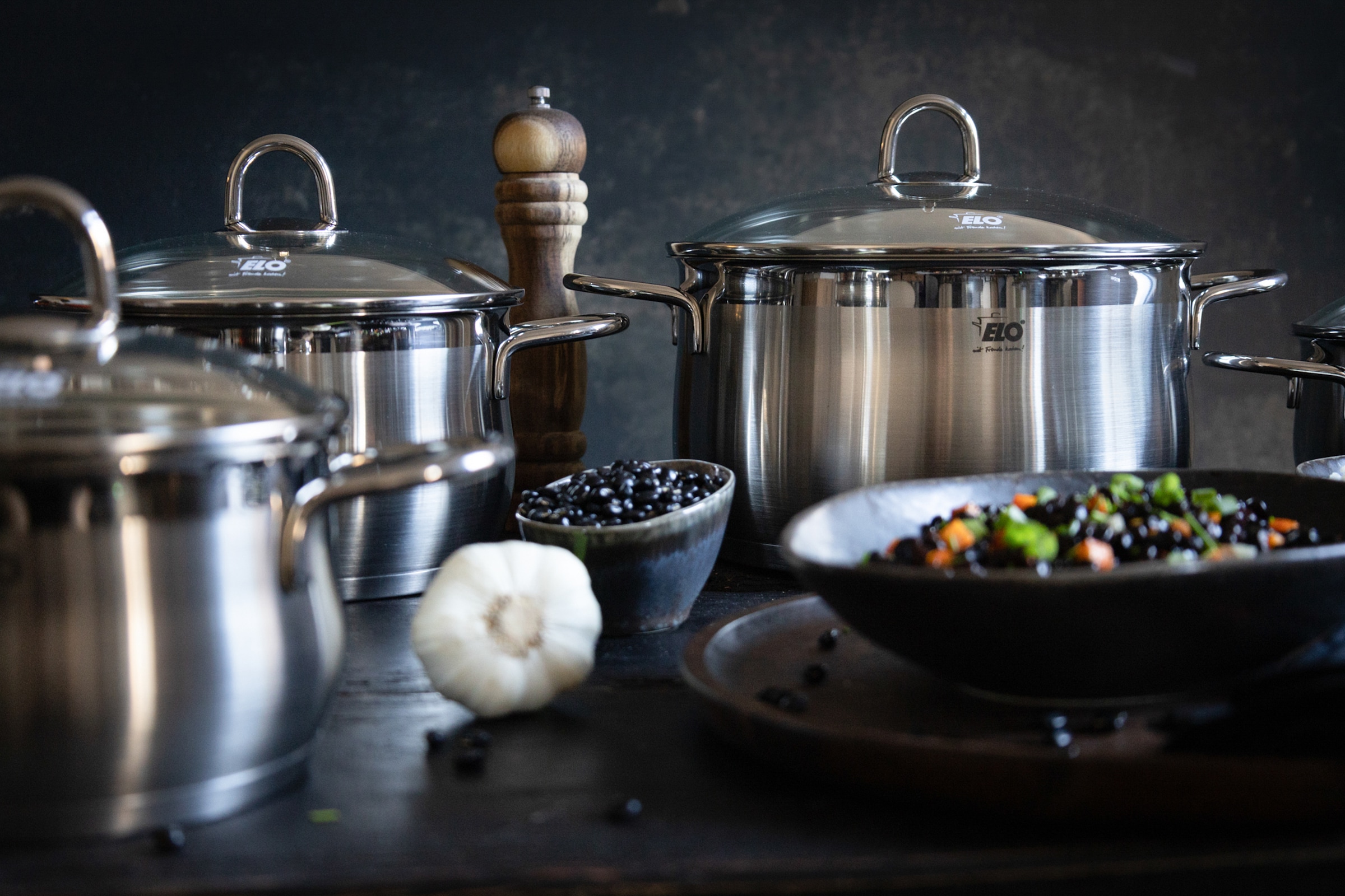 Elo Set de casseroles »Platin« Ensemble, 1 Bratentopf 20 cm, je 1 Fleischtopf 16/20/24 cm, 1 Kasserolle 16 cm, 9 cuis tlg. Acier inoxydable 18/10