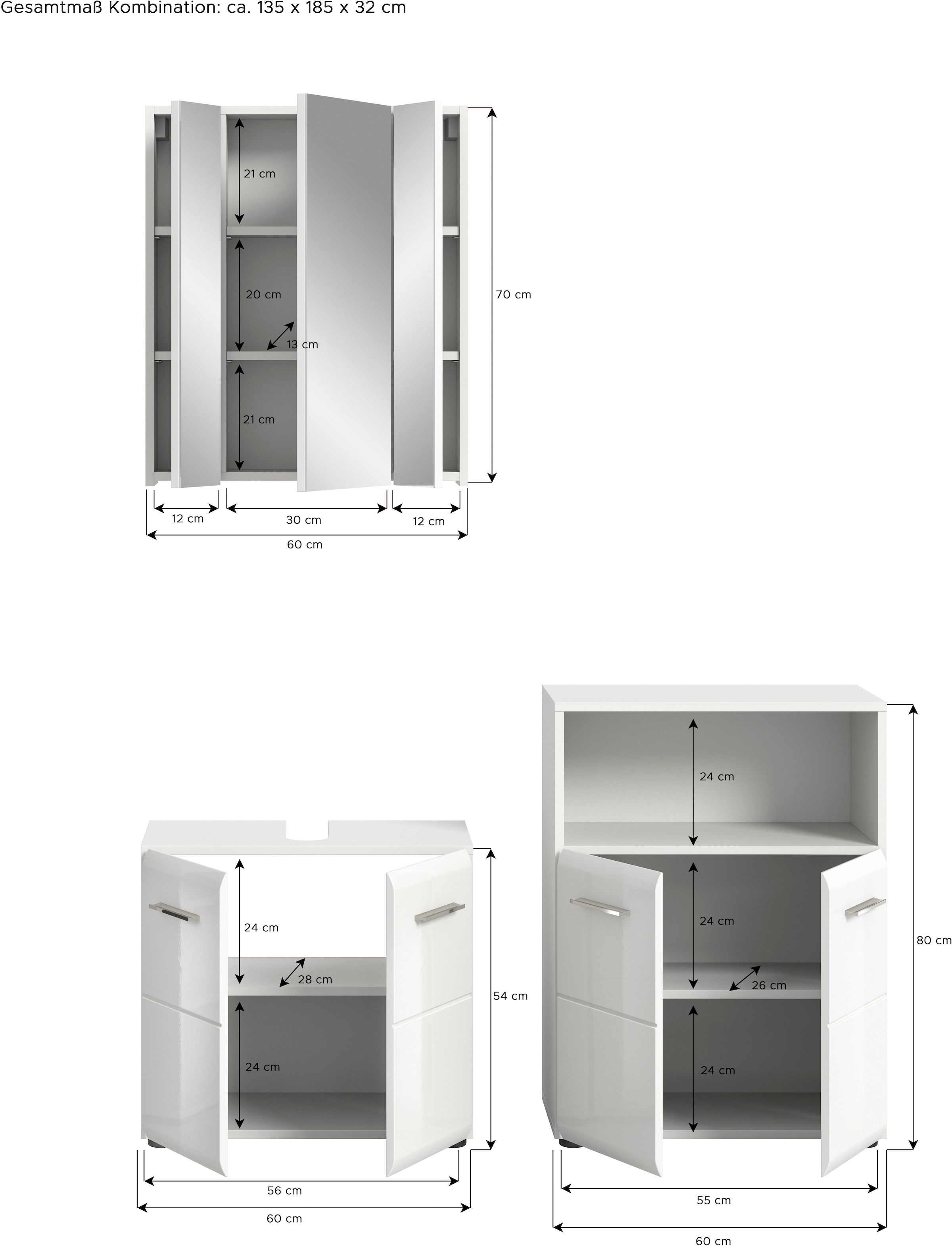 INOSIGN Badmöbel-Set »FLORENZ, TOPSELLER!, 3-teilige Badkombination, hochwertige MDF-Front« Set, best. aus: Waschbeckenunterschrank, Spiegelschrank, Midischrank breit, 