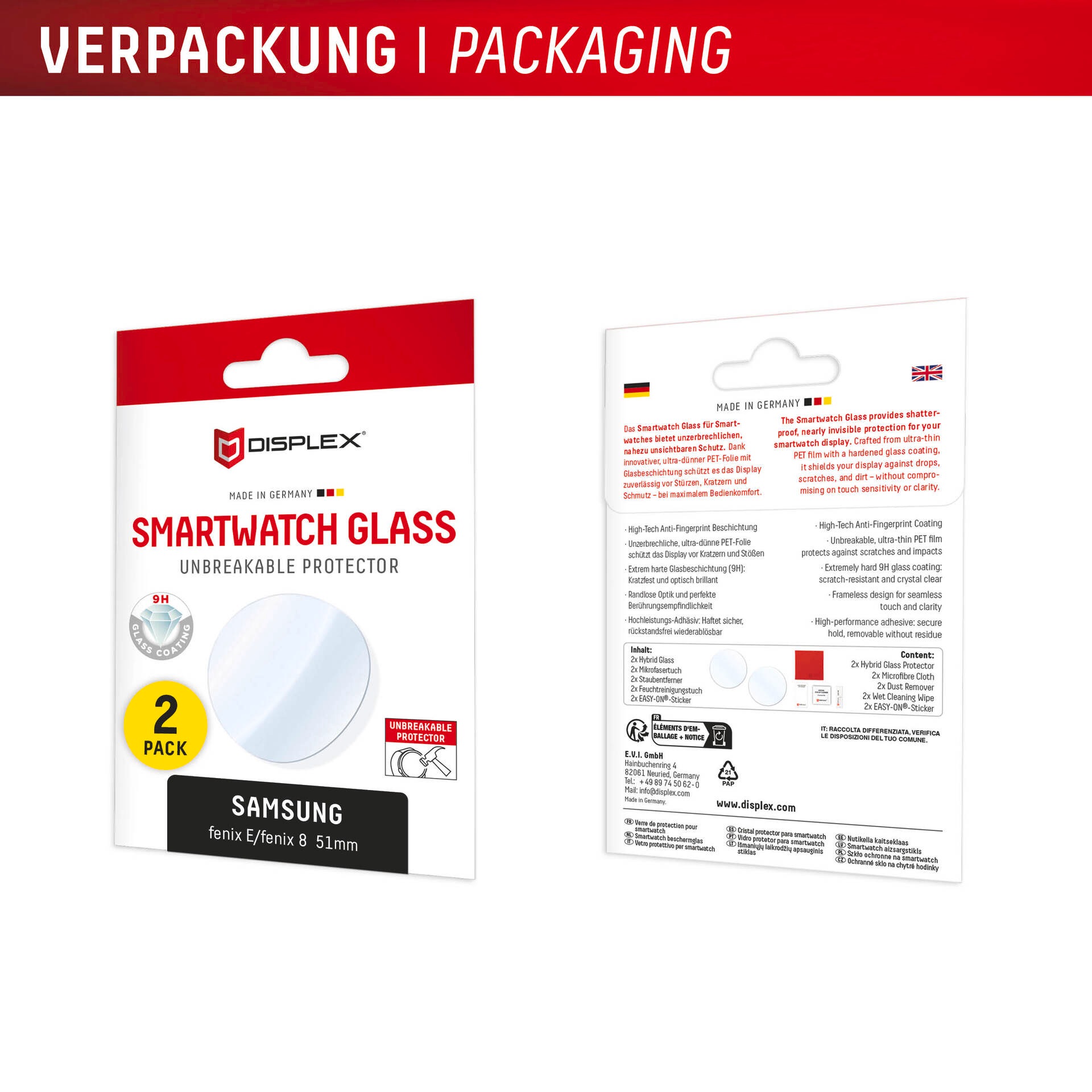 Displex Displayschutzglas »Smartwatch Glass Unbreakable Protector«, für Garmin fenix E 51 mm-Garmin fenix 8 51 mm, (Packung, 2x Hybrid Glass), Displayschutzfolie, Schutzfolie, Bildschirmschutz, kratz- & stossfest