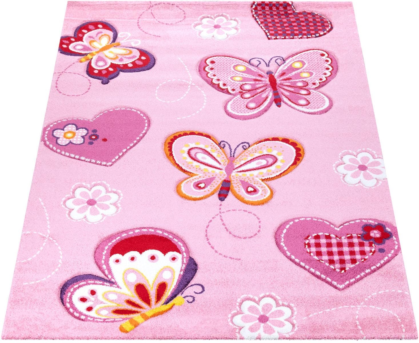 Image of Paco Home Kinderteppich »Diamond 642«, rechteckig, 18 mm Höhe, Kurzflor, 3D-Design, Motiv Schmetterlinge & Herzen Kinderzimmer bei Ackermann Versand Schweiz