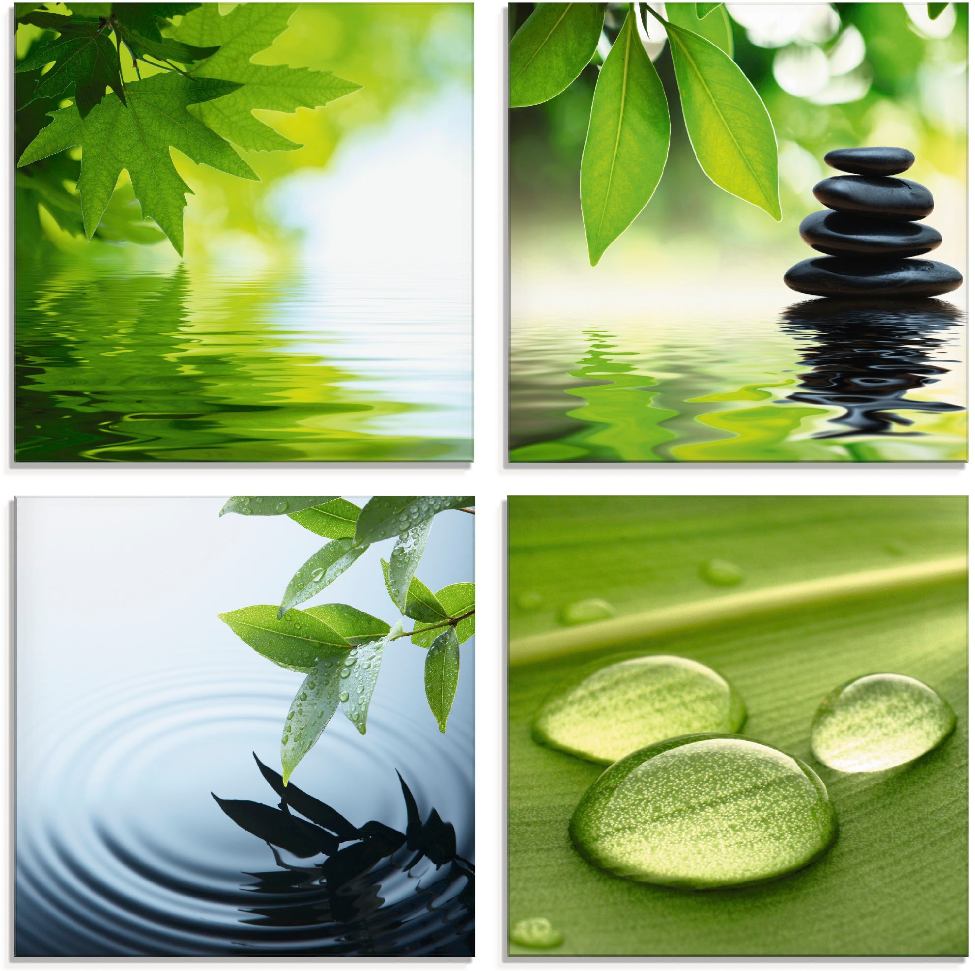 Image of Artland Glasbild »Blätter Wasser Zen Steinpyramide Tropfen«, Zen, (4 St.) bei Ackermann Versand Schweiz