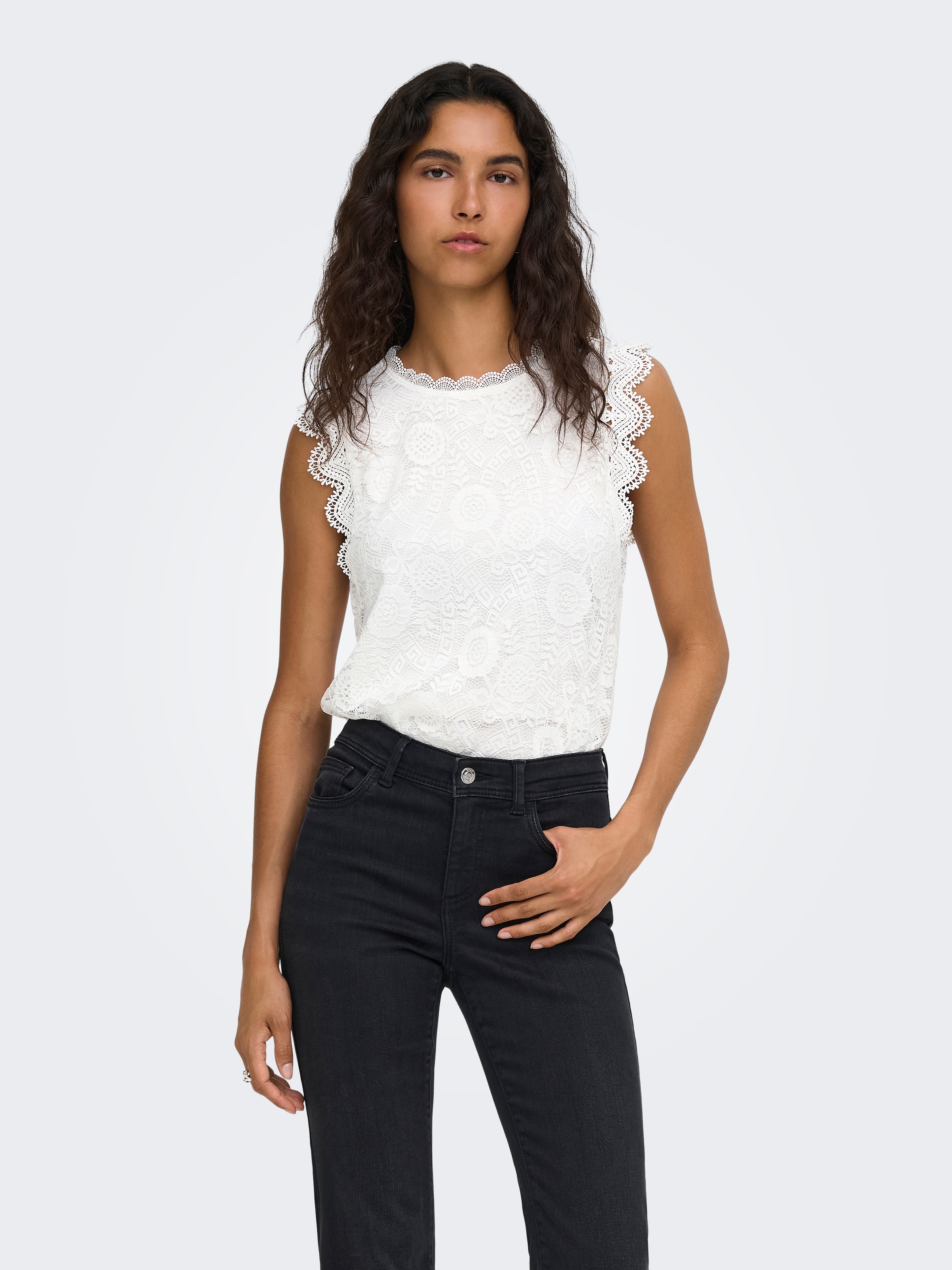 ONLY Spitzentop »ONLSINE S/L LACE TOP CS JRS« Materialmix, regular fit, Rundhals