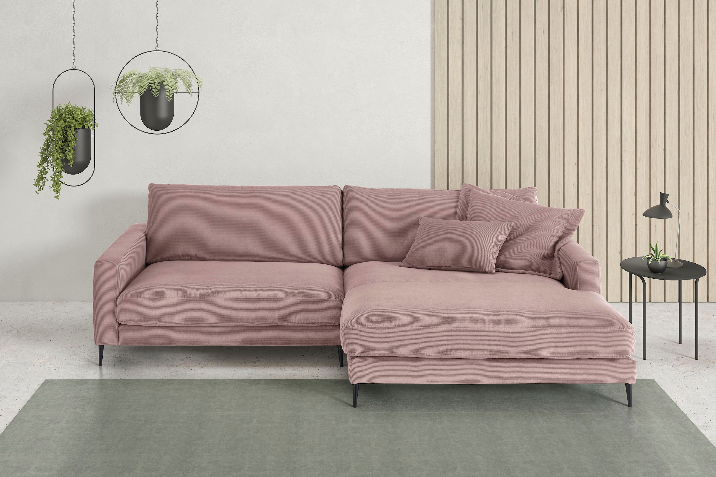 Home affaire Canapé d'angle »Downtown, B/T/H: 272/190/84 cm L-Form« confort d’assise doux aussi en velours côtelé et bouclé, incl. coussin décoratif