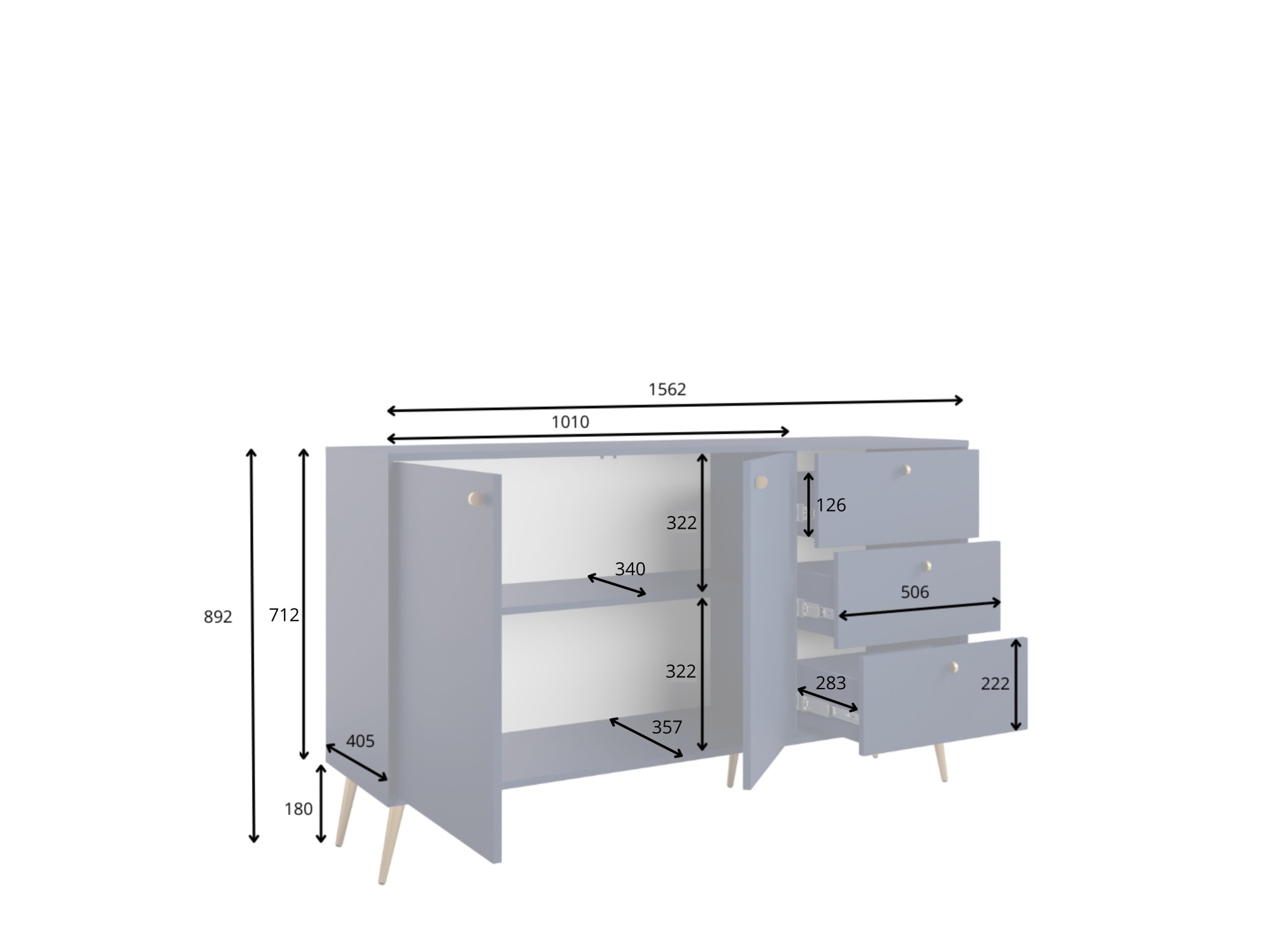 Home affaire Kommode »ROMILDA Sideboard mit 3 Schubladen und 2 Türen, B/T/H: 156/40,5/89 cm« Kommode mit goldenen Griffen auf goldenen Füssen, viel Stauraum