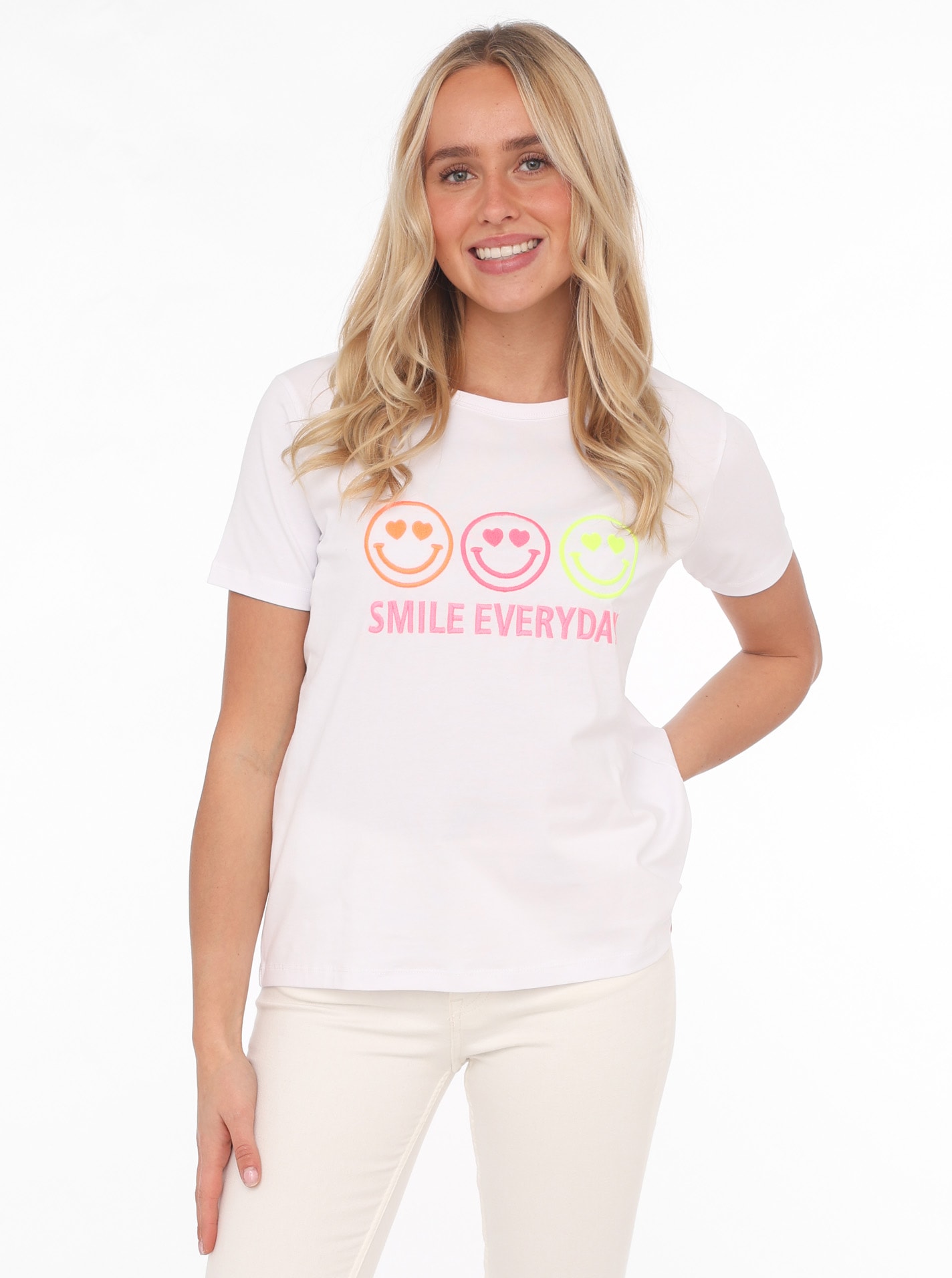 Image of Zwillingsherz T-Shirt ""Smile everyday"" Rundhalsausschnitt, Kurzarm, Smile, Stickerei, Baumwollmischung