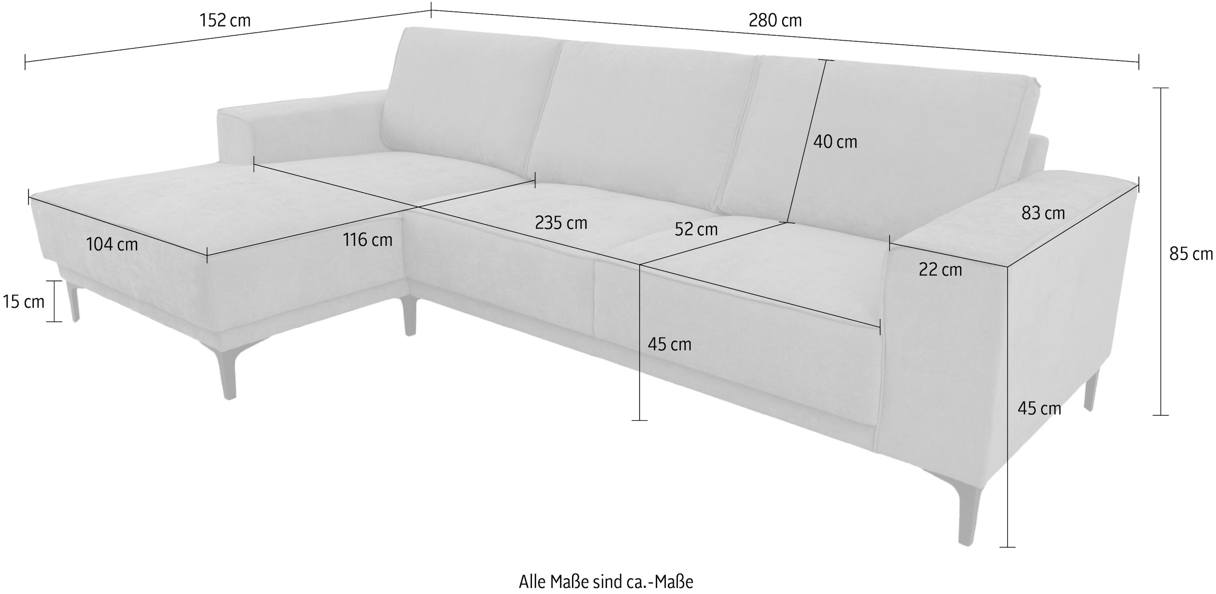 Places of Style Ecksofa »Polsterecke Oland, Struktur, Flachgewebe, Luxus-Microfaser, Boucle«, L-Form, 280 cm, Wellenunterfederung, Skandi-Design, Metallfüsse