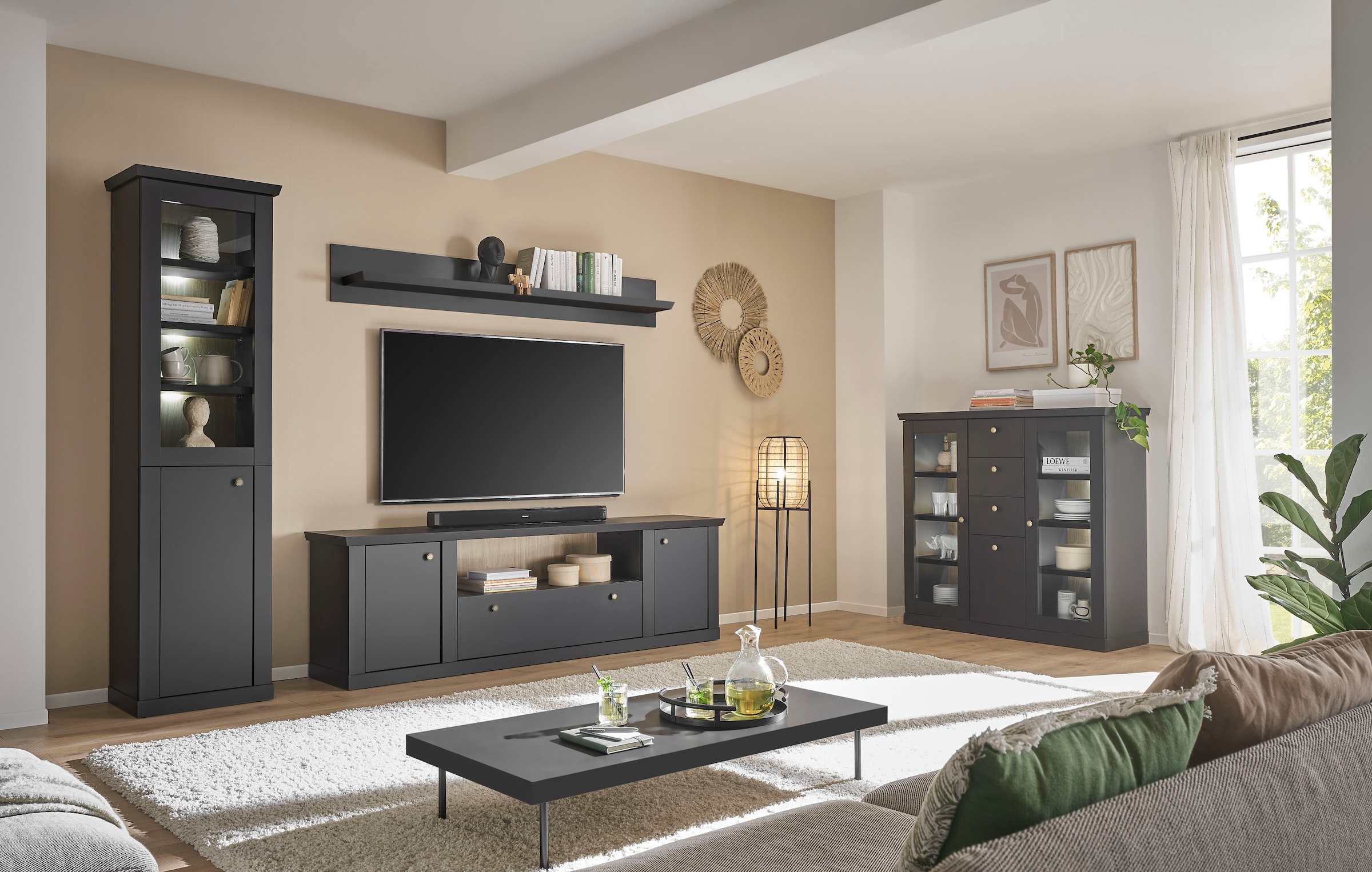 Home affaire Highboard »Lincoln, moderner Schrank, schwarzer Stauraumschrank, 129 cm breit« edles Design, messingfarbene Knopfgriffe, vielseitig einsetzbar