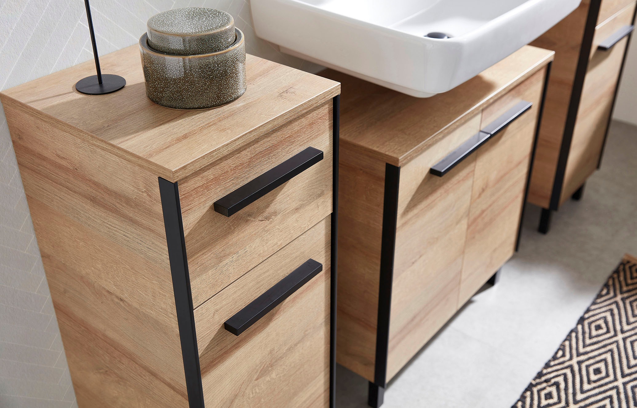 Saphir Armoire basse »Quickset 395 Badschrank, 1 Tür, 1 Schublade, 30cm breit, Griff Schwarz« meubles de salle de bain incl. amortisseurs de porte, imitation chêne Riviera horizontal