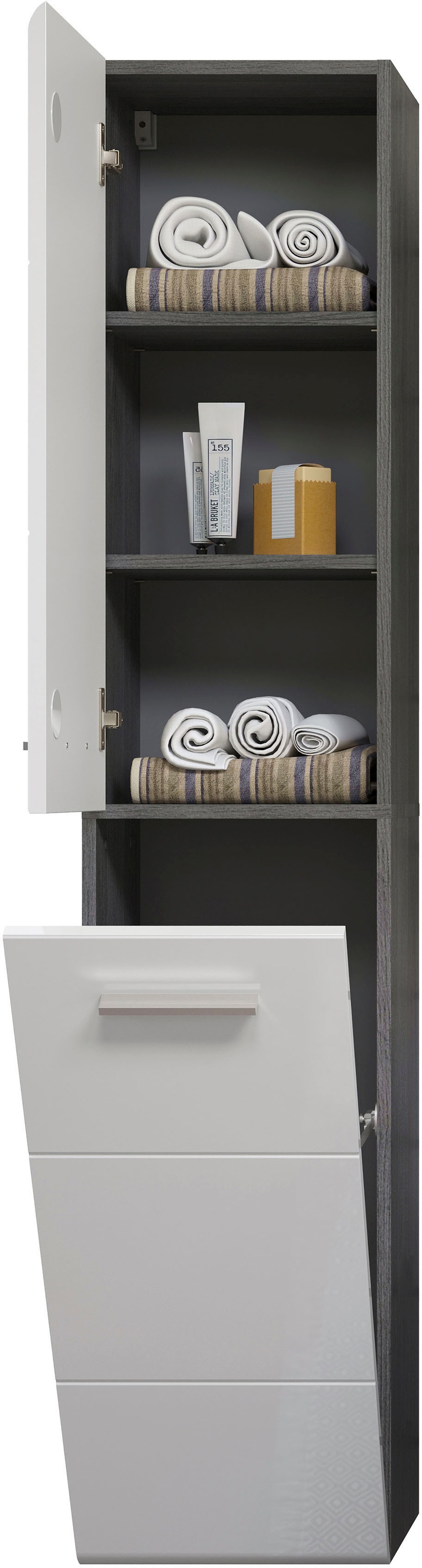 welltime Badmöbel-Set »Ravenna«, (3 St.), Hochschrank, Waschtisch, Spiegelschrank mit Wäschekorb und Waschbecken