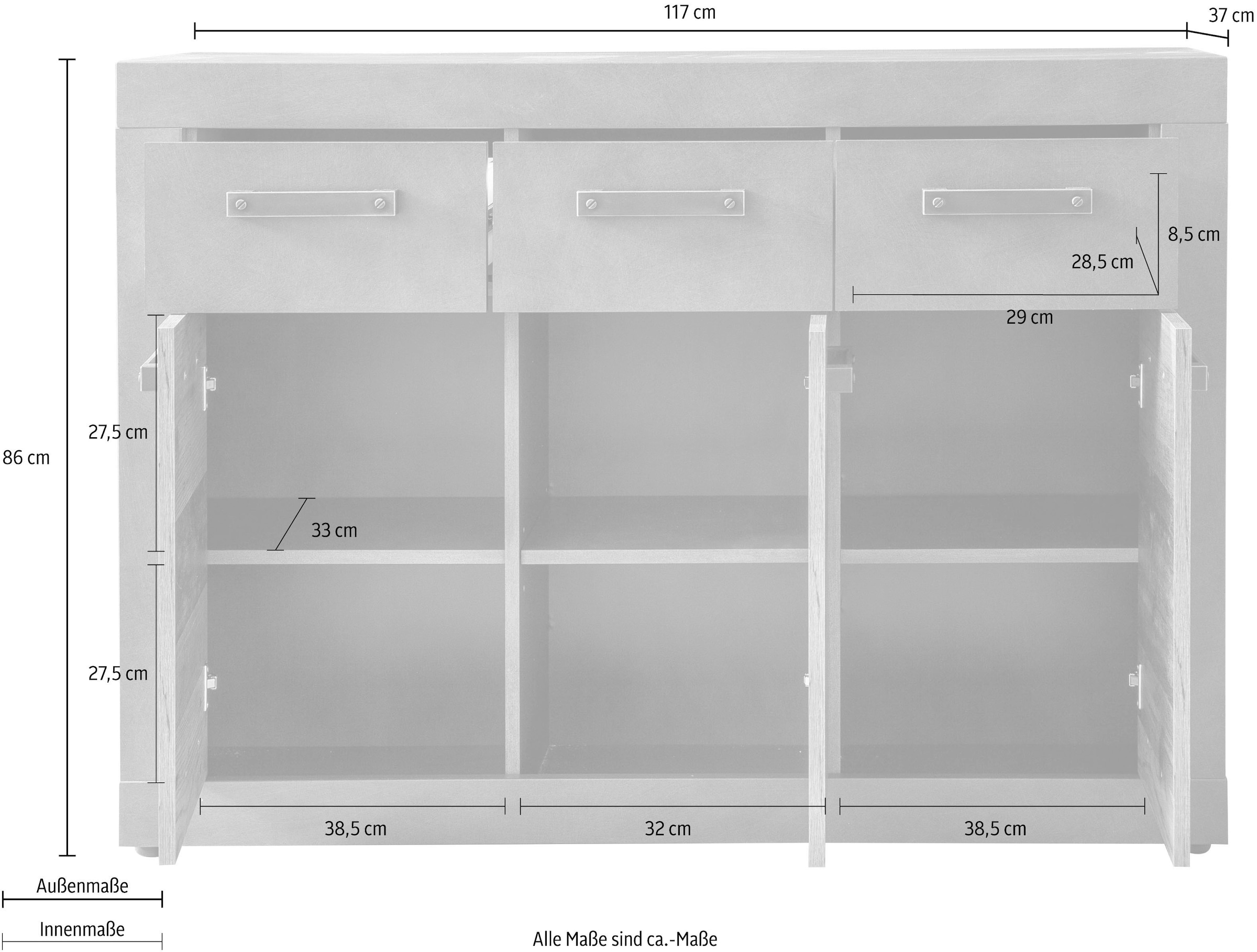 Home affaire Commode »Ilana« Kommode mit 3 Türen & 3 Schubladen - (B/T/H) 117/37/86 cm