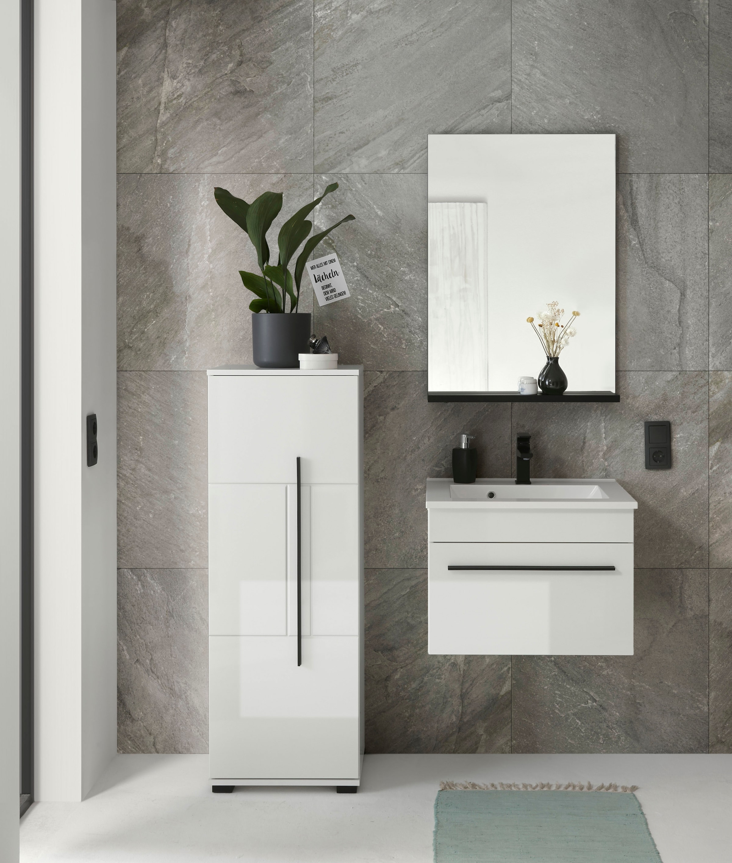INOSIGN Badmöbel-Set »Cantara, Bad im modernen Design, 3-teiliges Badezimmer«, (Set, 3 St.), Waschtisch, Schrank und Spiegel, in Weiss Hochglanz, viel Stauraum