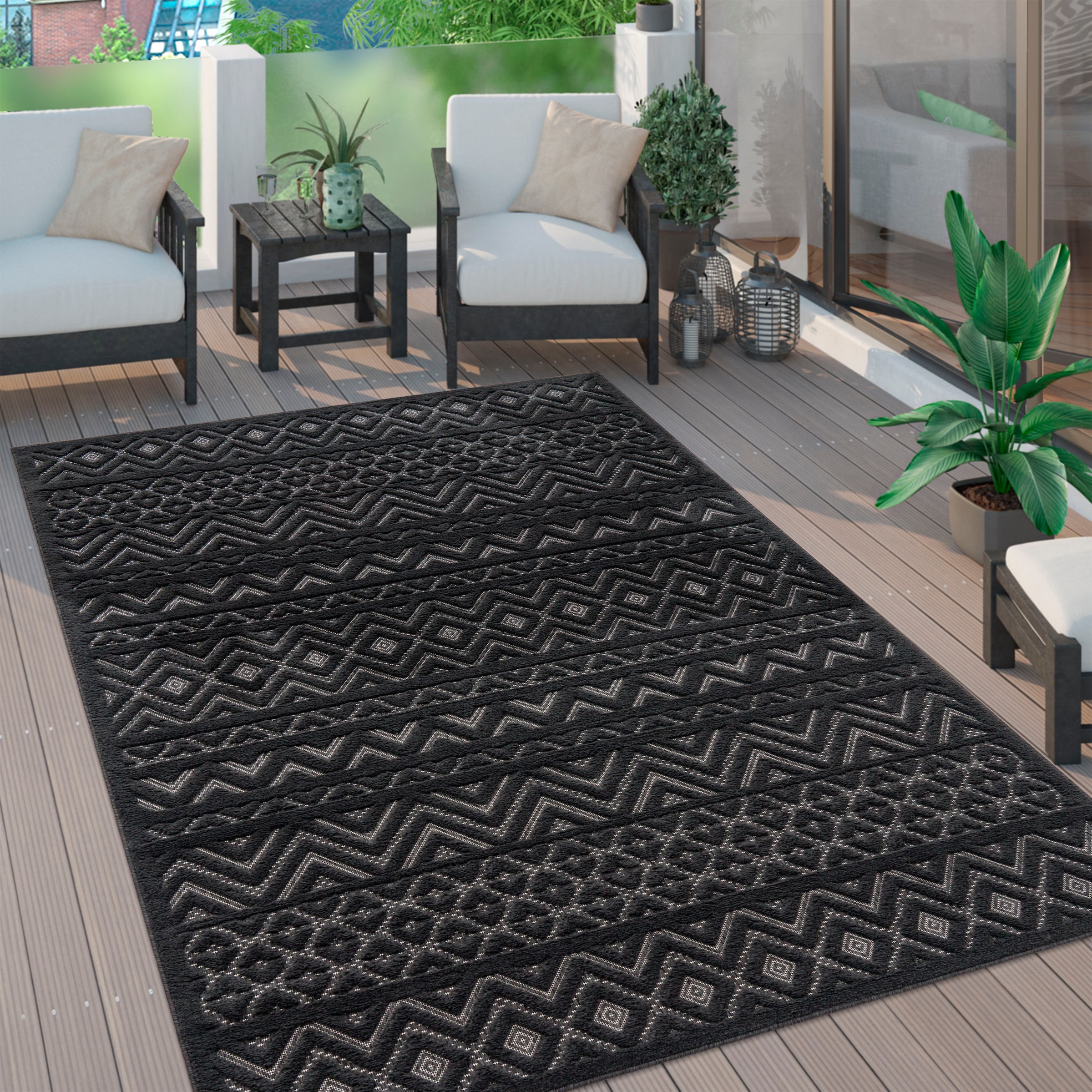 Paco Home Teppich »Livorno 673«, rechteckig, 14 mm Höhe, Uni-Farben, Scandi, Rauten Muster, Hoch-Tief Effekt, Outdoor geeignet