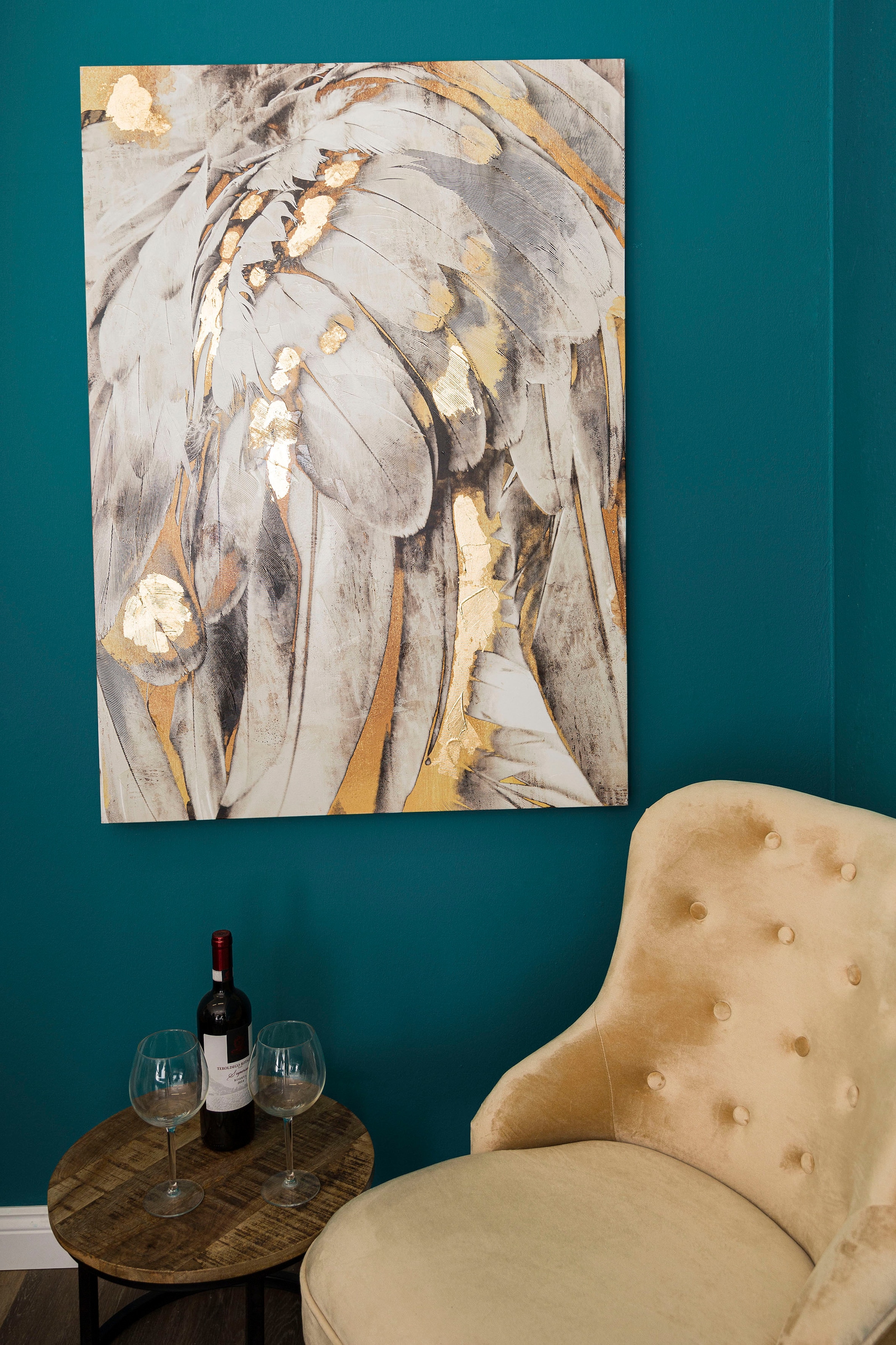 Myflair Möbel & Accessoires Ölbild »Gemälde Federn, weiss/goldfarben«, Bild auf Leinwand, 80x120 cm, Wohnzimmer