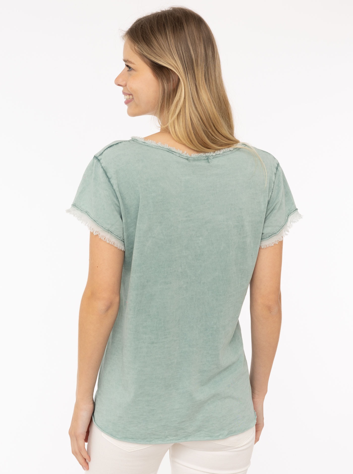 Zwillingsherz T-Shirt »"Positive Mind"«, V-Ausschnitt, Kurzarm, Used-Look, Baumwolle, ausgefranste Kanten