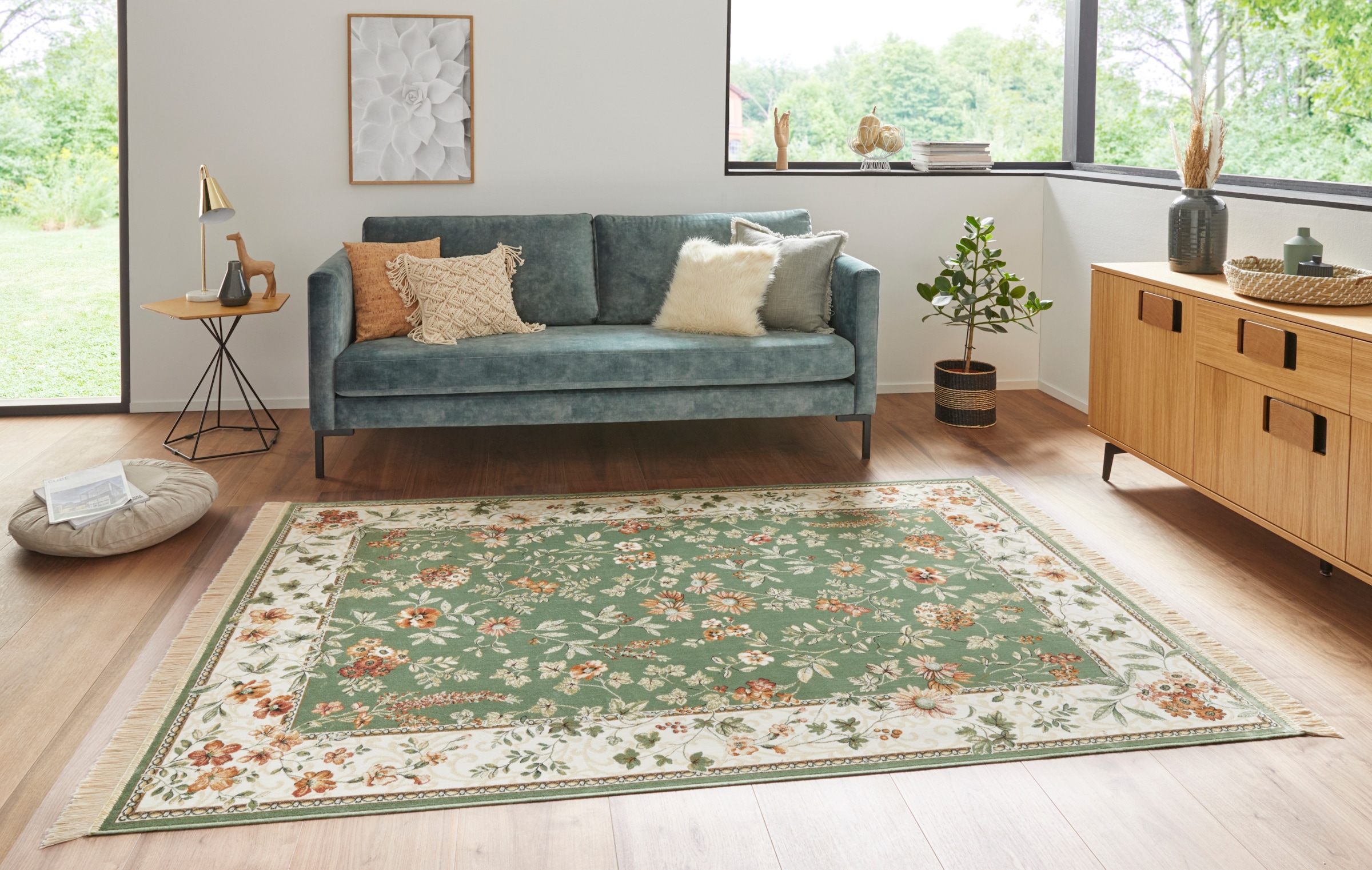 NOURISTAN Teppich »Orient Flowers«, rechteckig, 5 mm Höhe, Kurzflor mit Fransen, Orient, Wohnzimmer, Schlafzimmer, Esszimmer