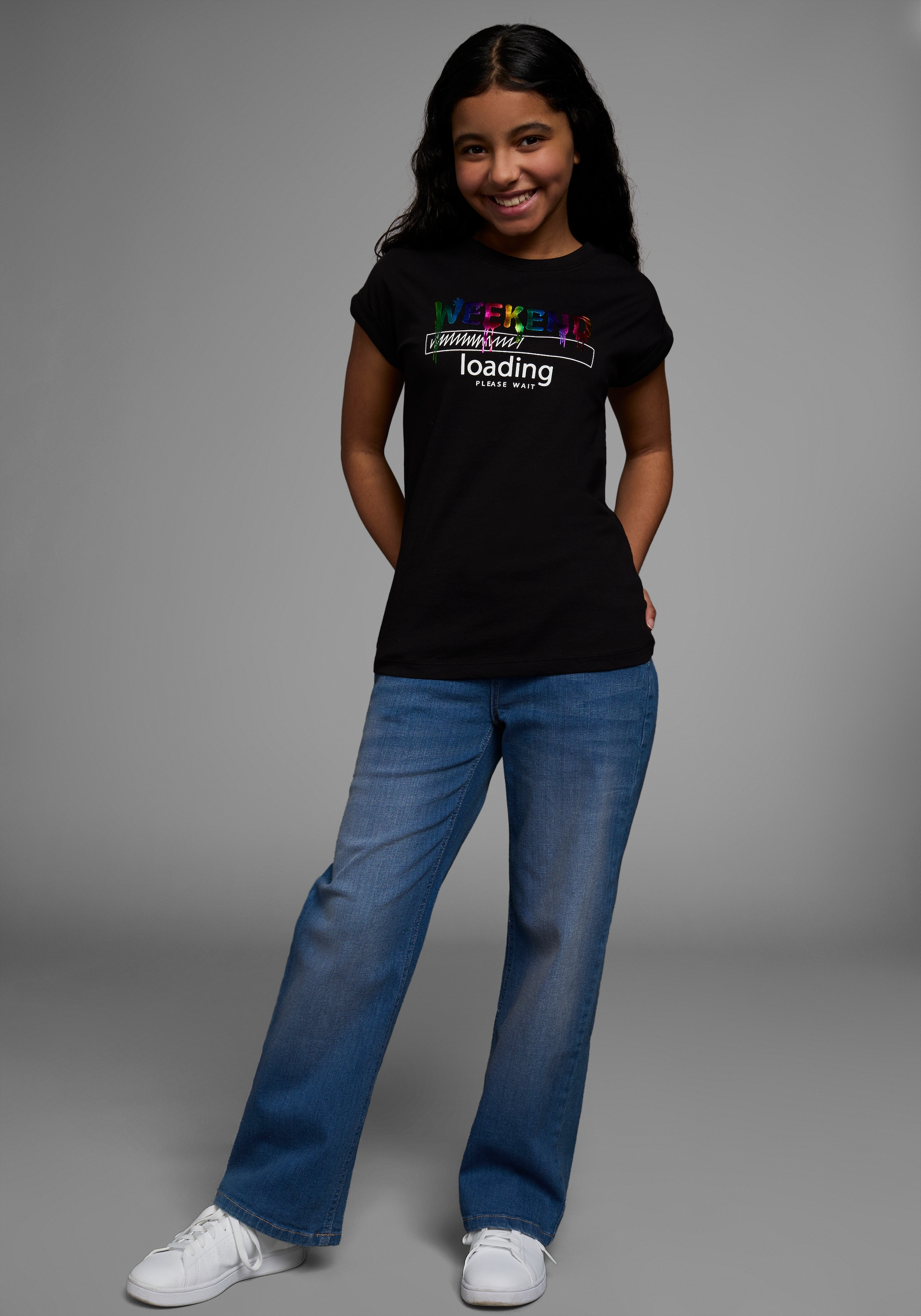 KIDSWORLD T-Shirt »WEEKEND loading...please wait«, Kurzarm, weite Passform, bedruckte Optik, Rundhalsausschnitt